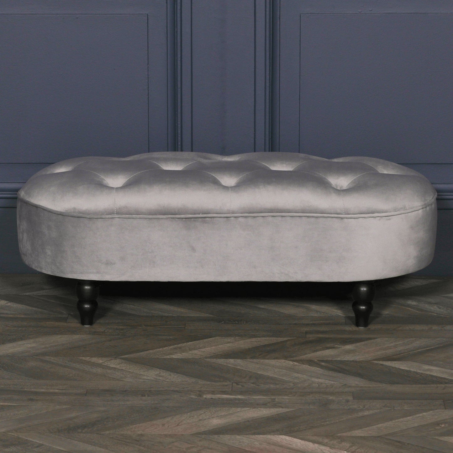 Grey Velvet Buttoned Upholstered Bench with Black Legs - AV505