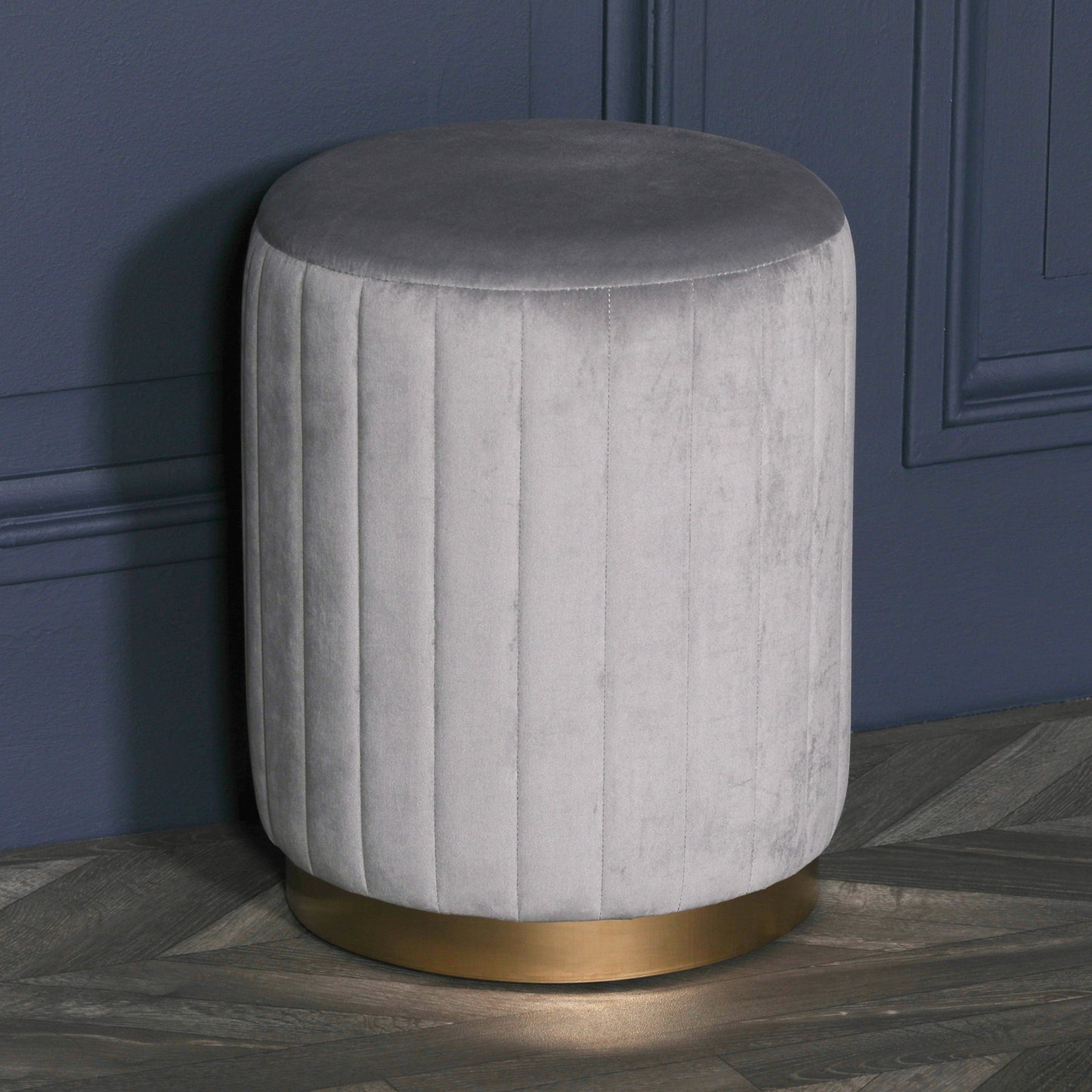 Grey Velvet Ribbed Round Ottoman Foot Stool - AV681