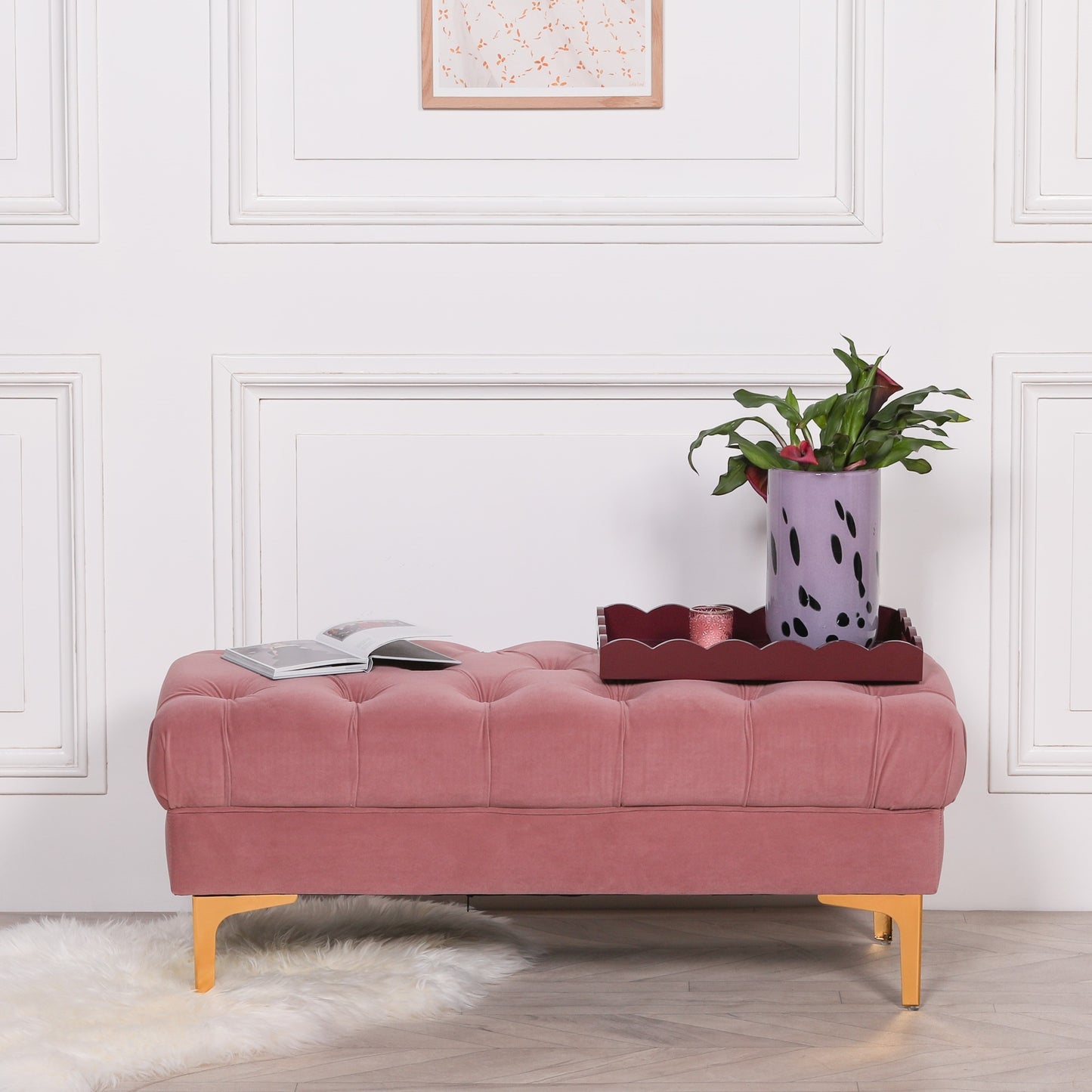 Pink Velvet Buttoned Ottoman Bench with Gold Legs - AV820