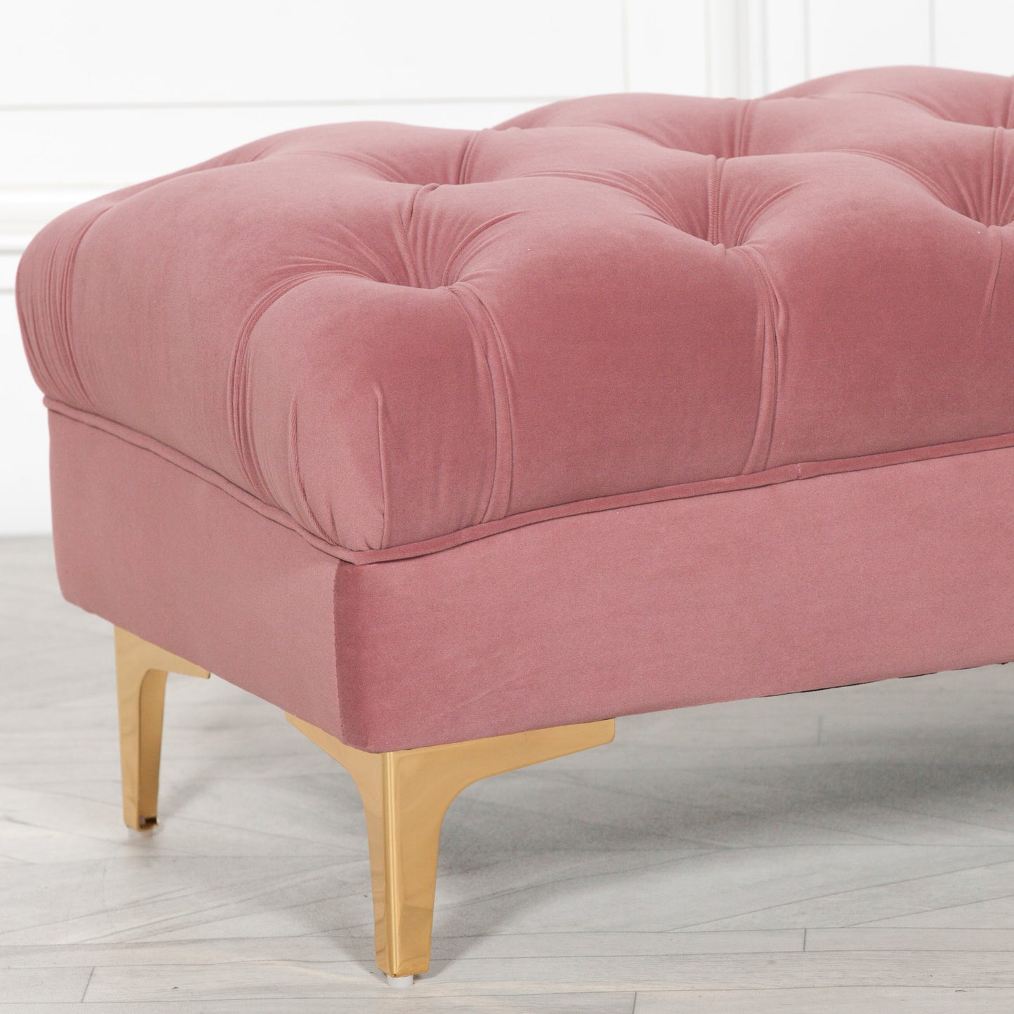 Pink Velvet Buttoned Ottoman Bench with Gold Legs - AV820