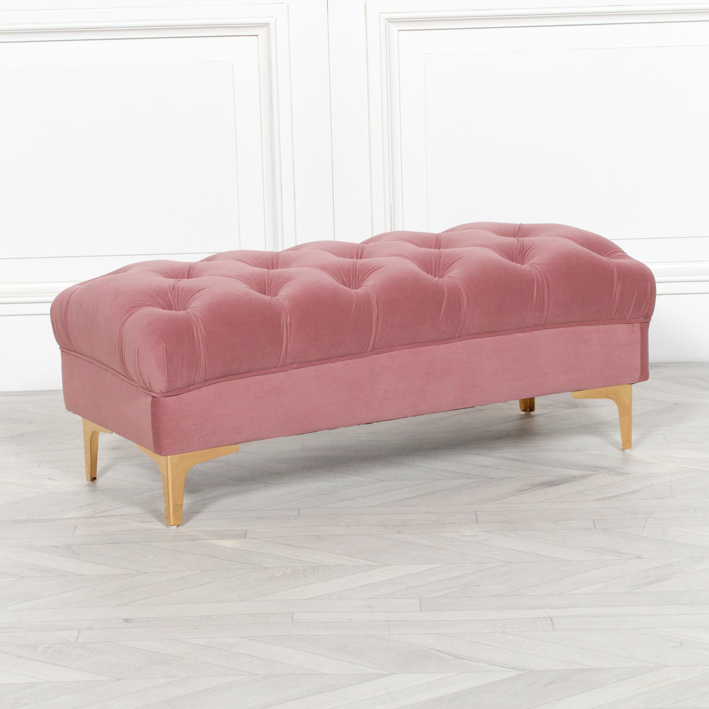 Pink Velvet Buttoned Ottoman Bench with Gold Legs - AV820