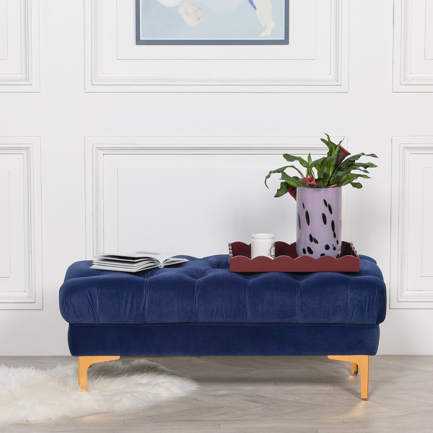 Blue Velvet Buttoned Ottoman Floor Foot Stool Bench Accent Chair - AV821