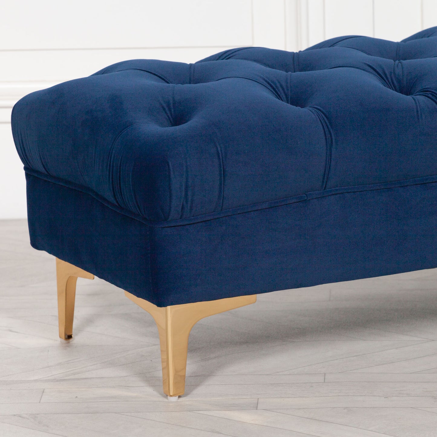 Blue Velvet Buttoned Ottoman Floor Foot Stool Bench Accent Chair - AV821