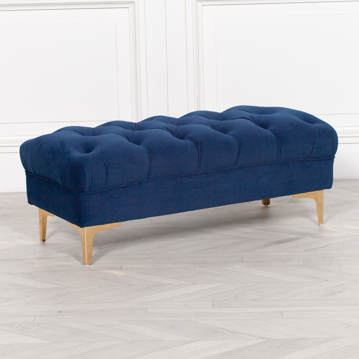 Blue Velvet Buttoned Ottoman Floor Foot Stool Bench Accent Chair - AV821