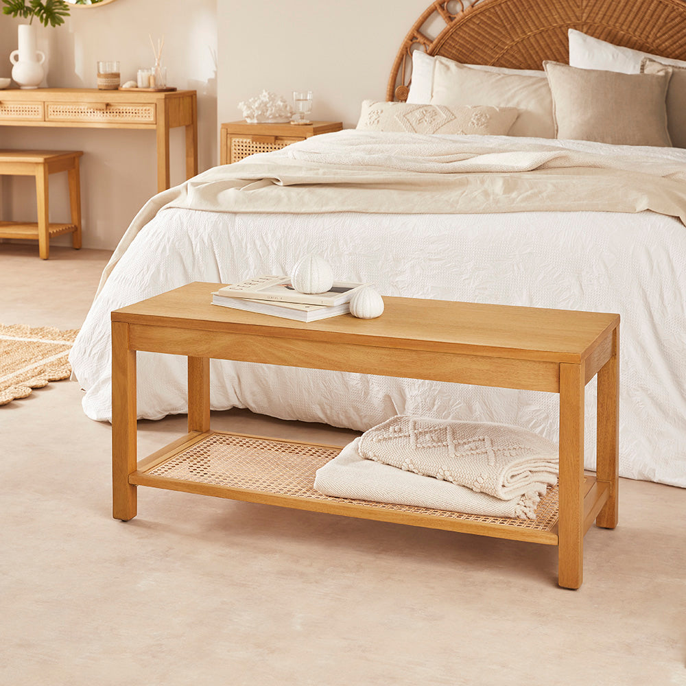 Fishe & Lilly Bali Rattan Bench with Storage Shelf - White Bear Furnishings