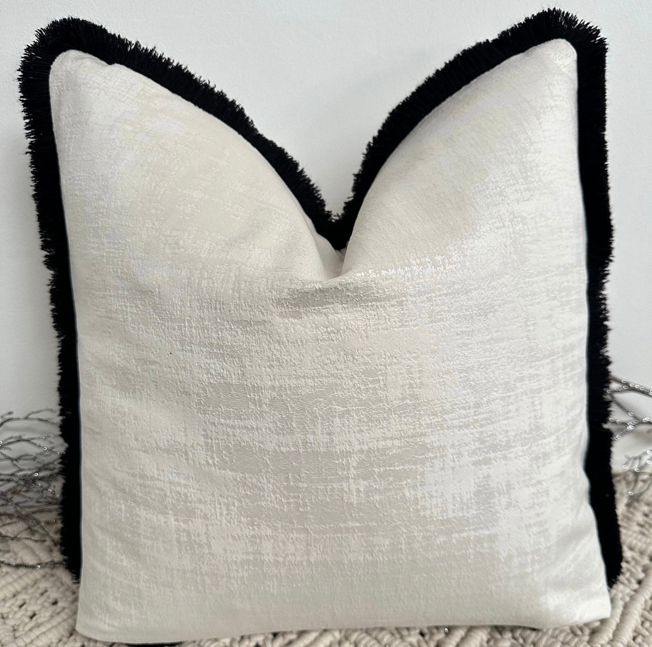 The Couture Cushion - The Fringed Ivory Dolce fringed in Black - Style No. 133 - White Bear Furnishings