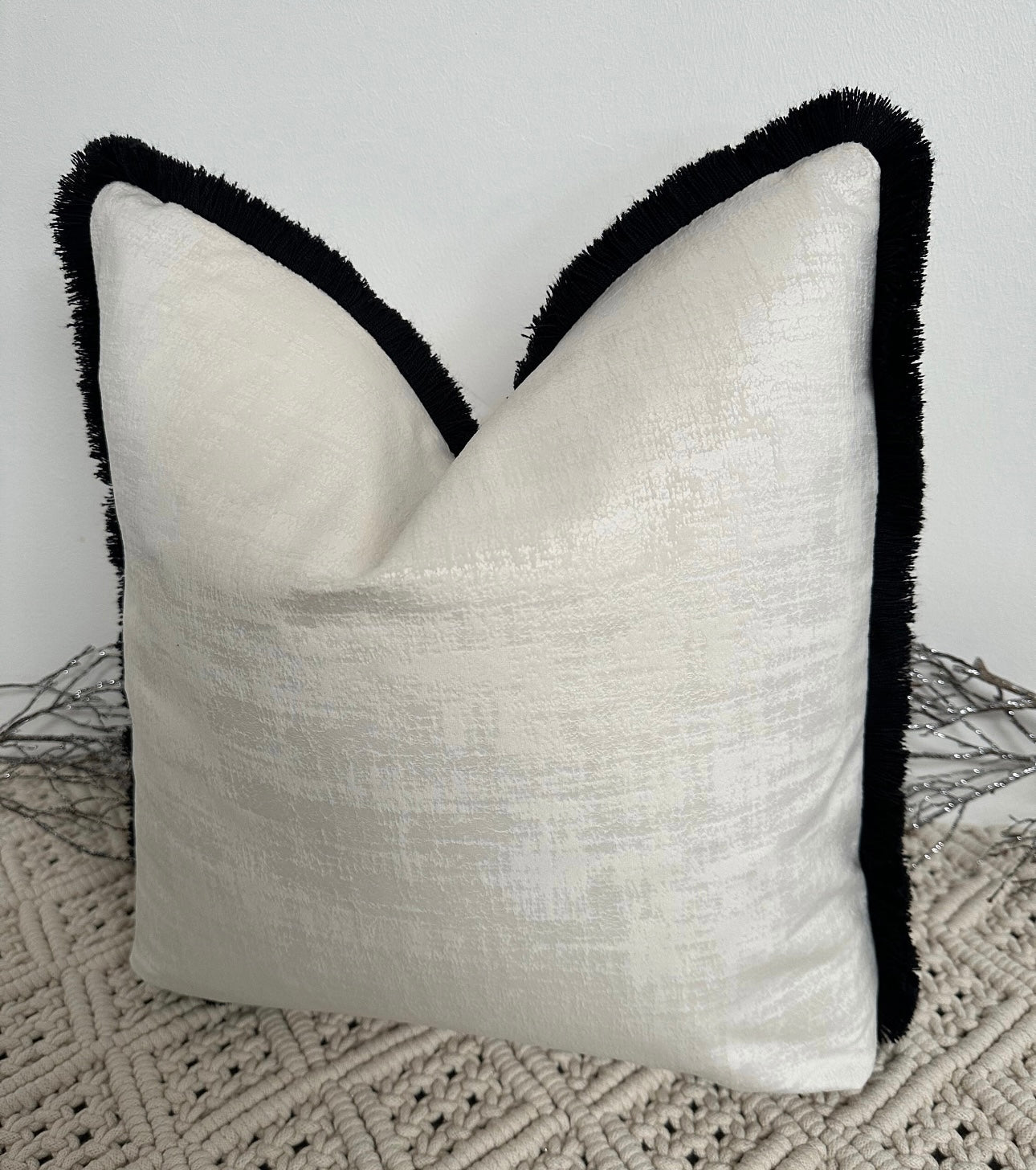 The Couture Cushion - The Fringed Ivory Dolce fringed in Black - Style No. 133 - White Bear Furnishings