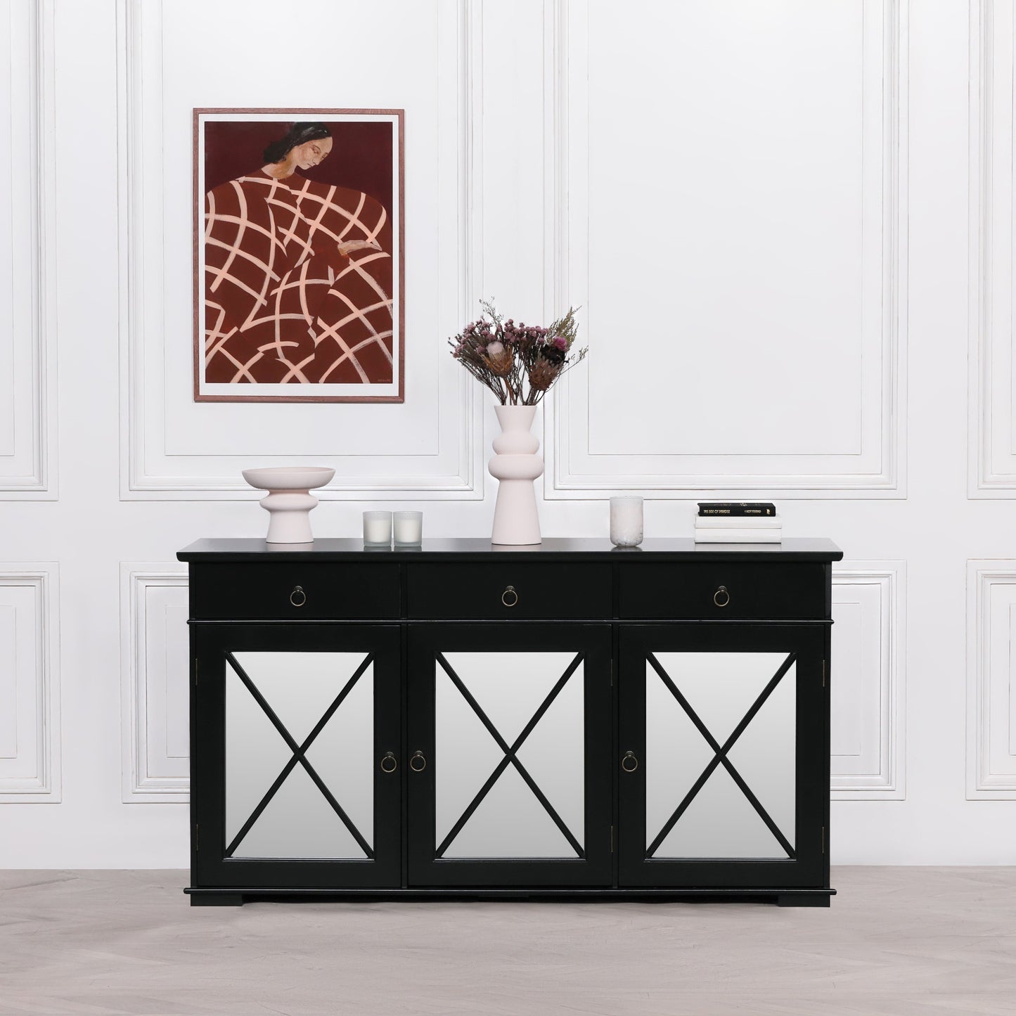 Maison Reproductions Black Oriental Sideboard with Mirrored Doors