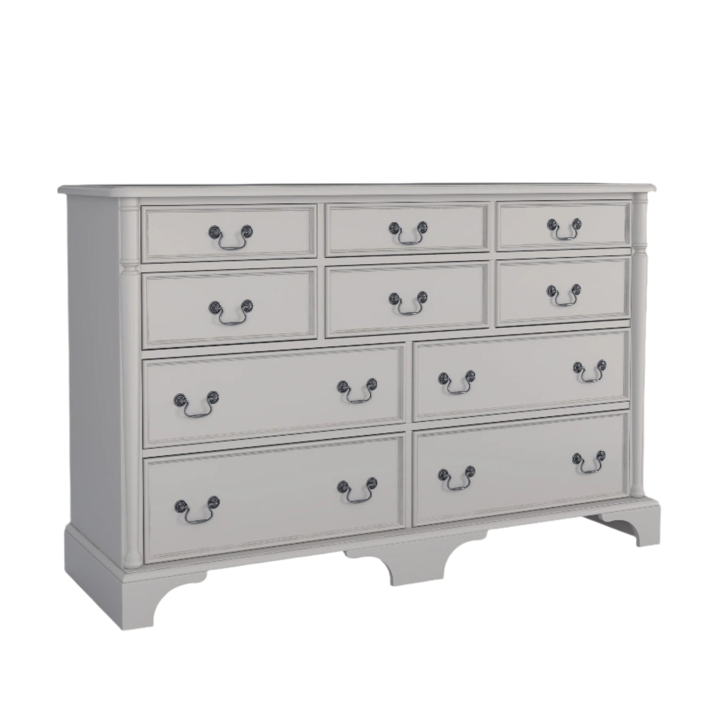 A left-hand corner view of a dove grey Laura Ashley Clifton 6+4 drawer chest with traditional design.