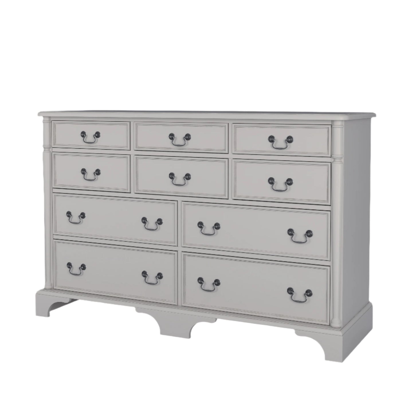 A right-hand corner view of a dove grey Laura Ashley Clifton 6+4 drawer chest with traditional design.