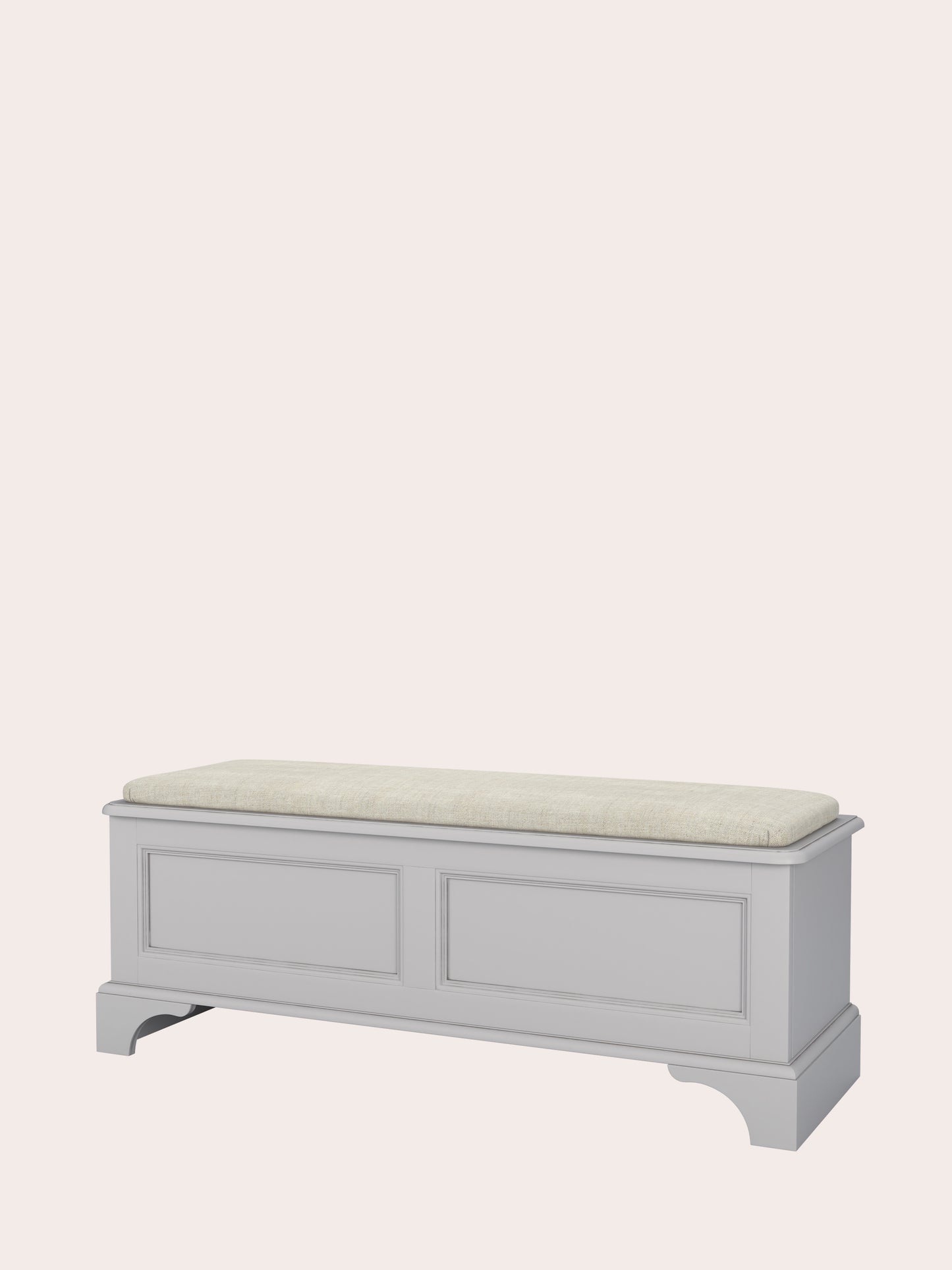 A right-hand view of a dove grey blanket box with a cushioned top and wooden body, designed for storage and seating.