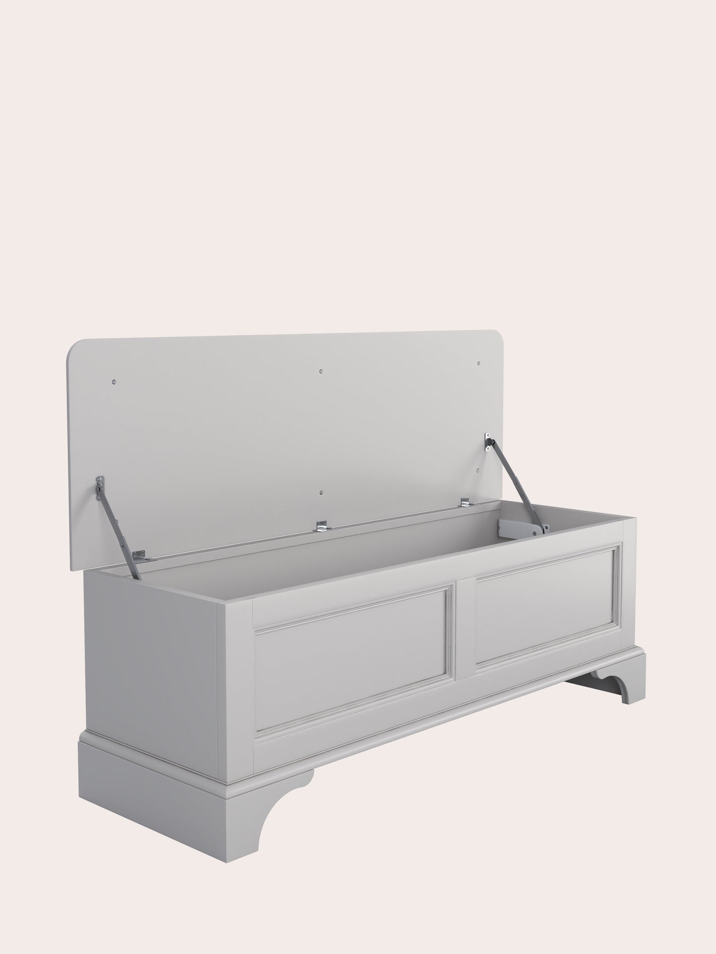A dove grey blanket box with a cushioned top and wooden body, designed for storage and seating showing the lid open