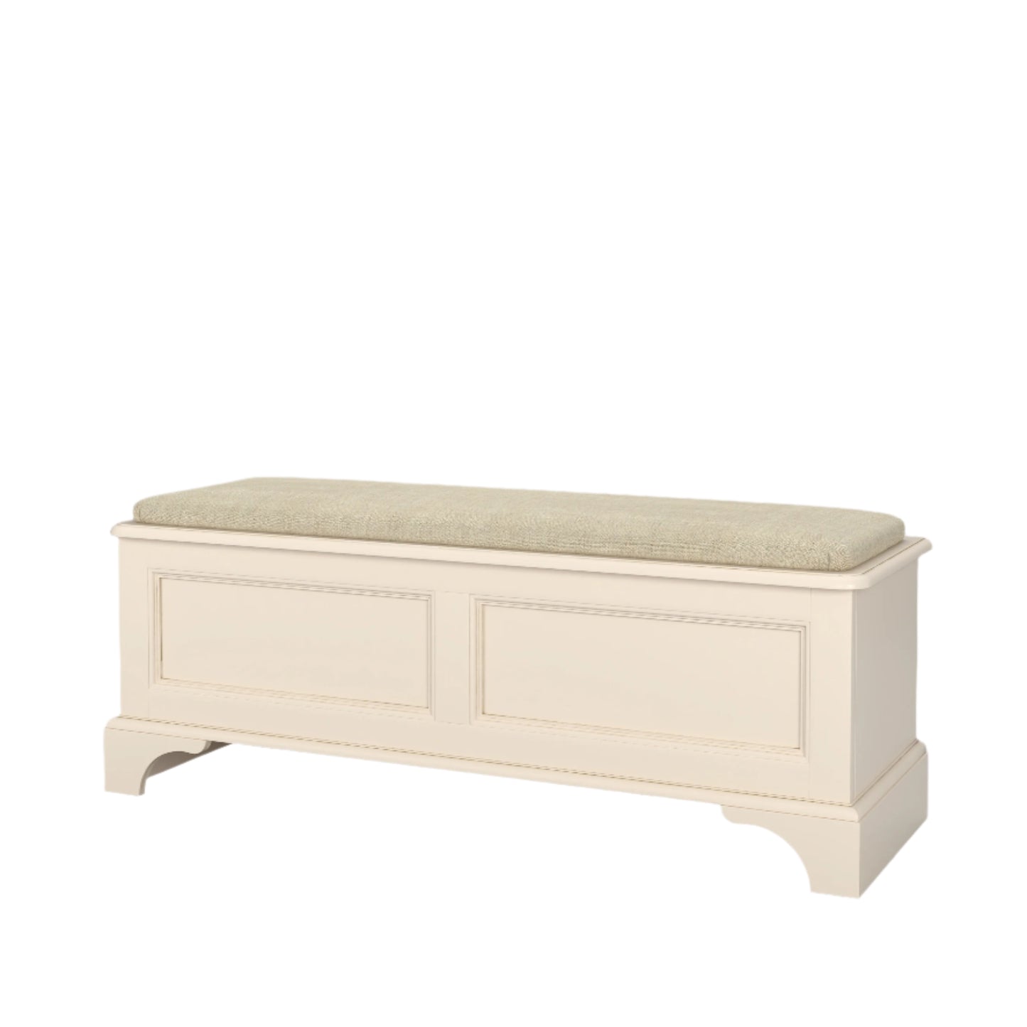 White wooden bench with beige cushion on a plain background