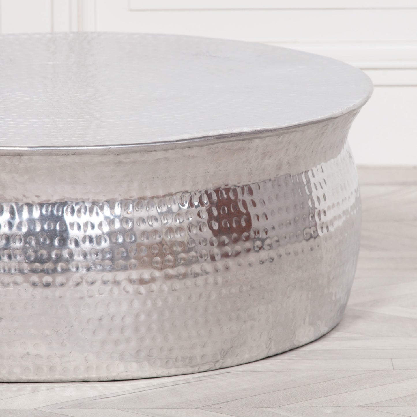 Handcrafted Hammered Silver Aluminium Round Coffee Table FM22 - White Bear Furnishings