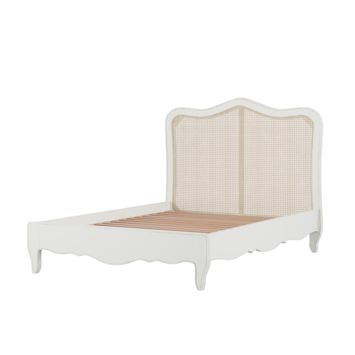 White bed frame with wooden slats on a white background