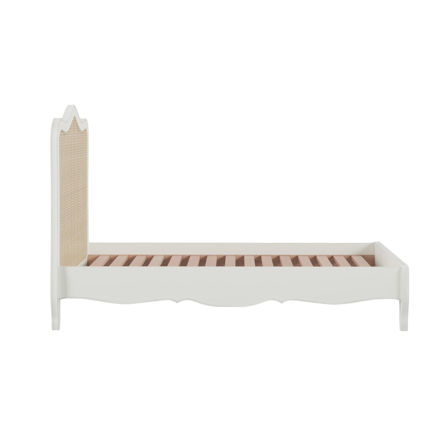 White bed frame with wooden headboard on a light pink background