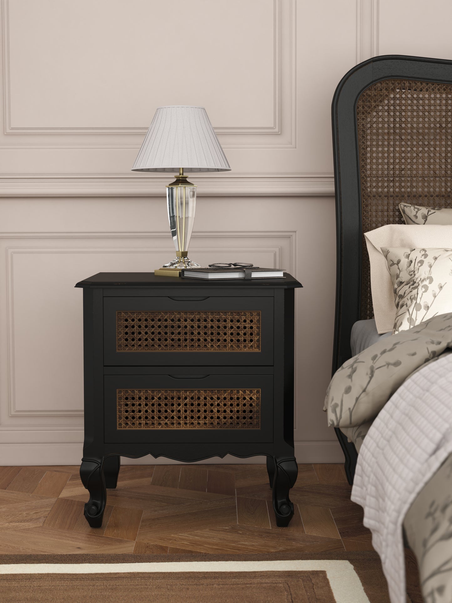 Laura Ashley Montpellier 2 Drawer Bedside Chest in Black, Walnut or Ivory