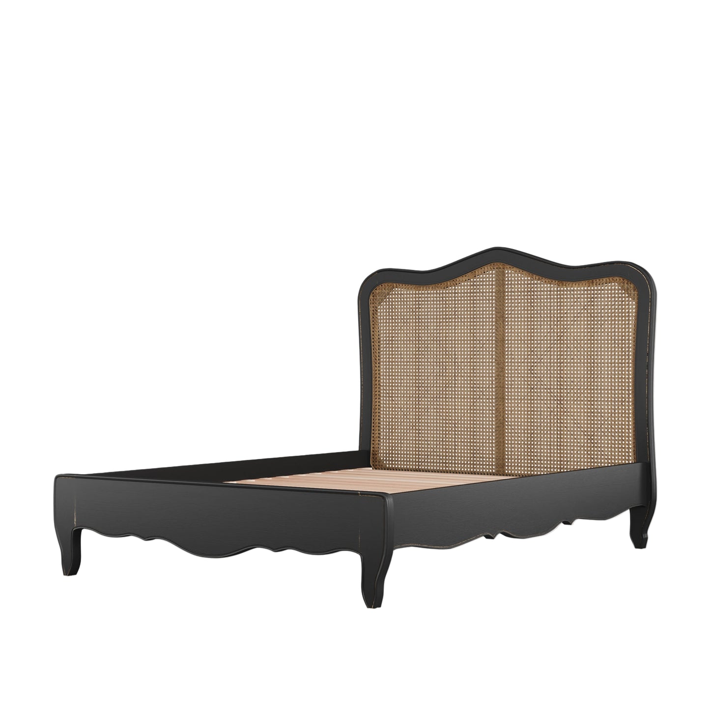 Black bed with wicker headboard on a beige background