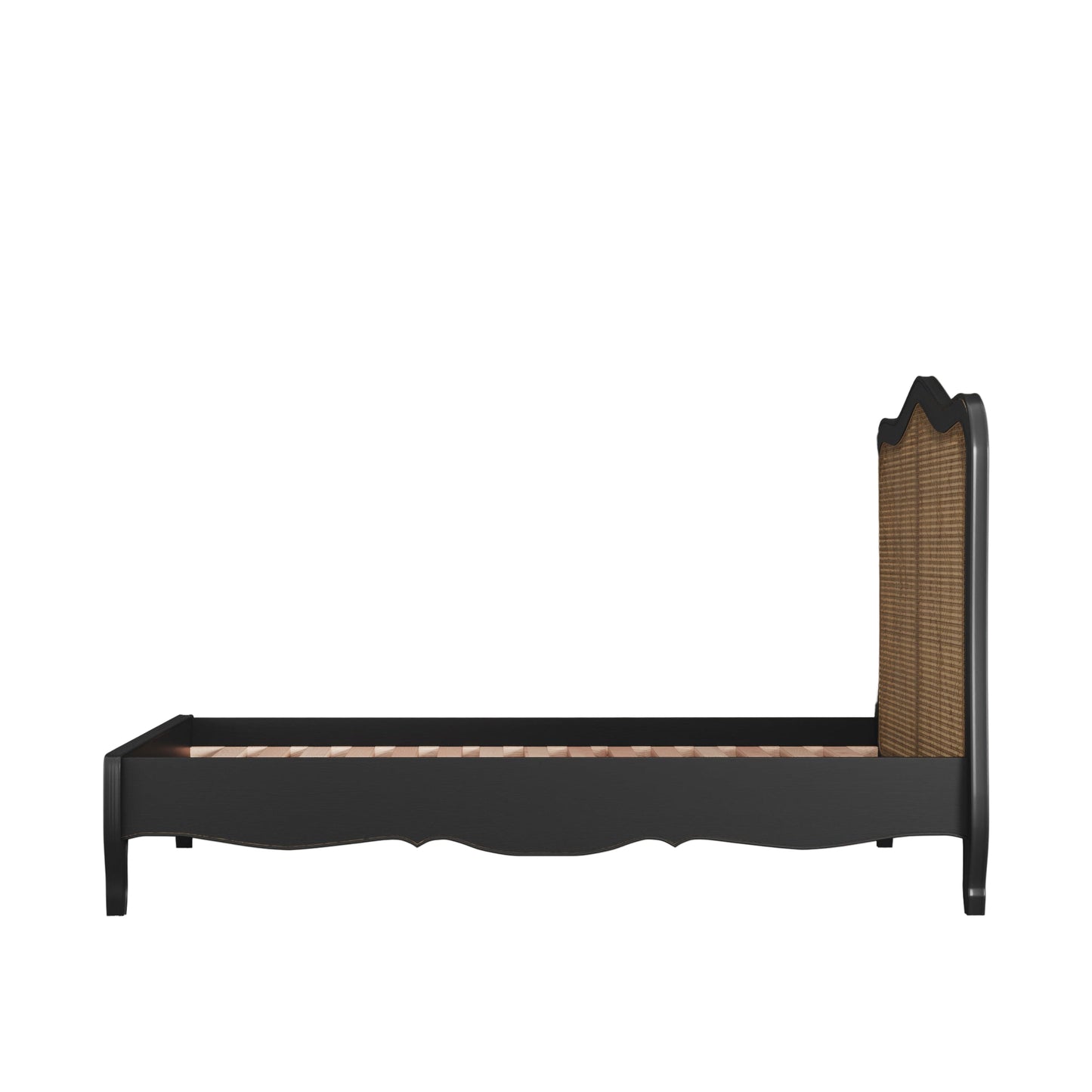 Black bed frame with wicker headboard on a beige background