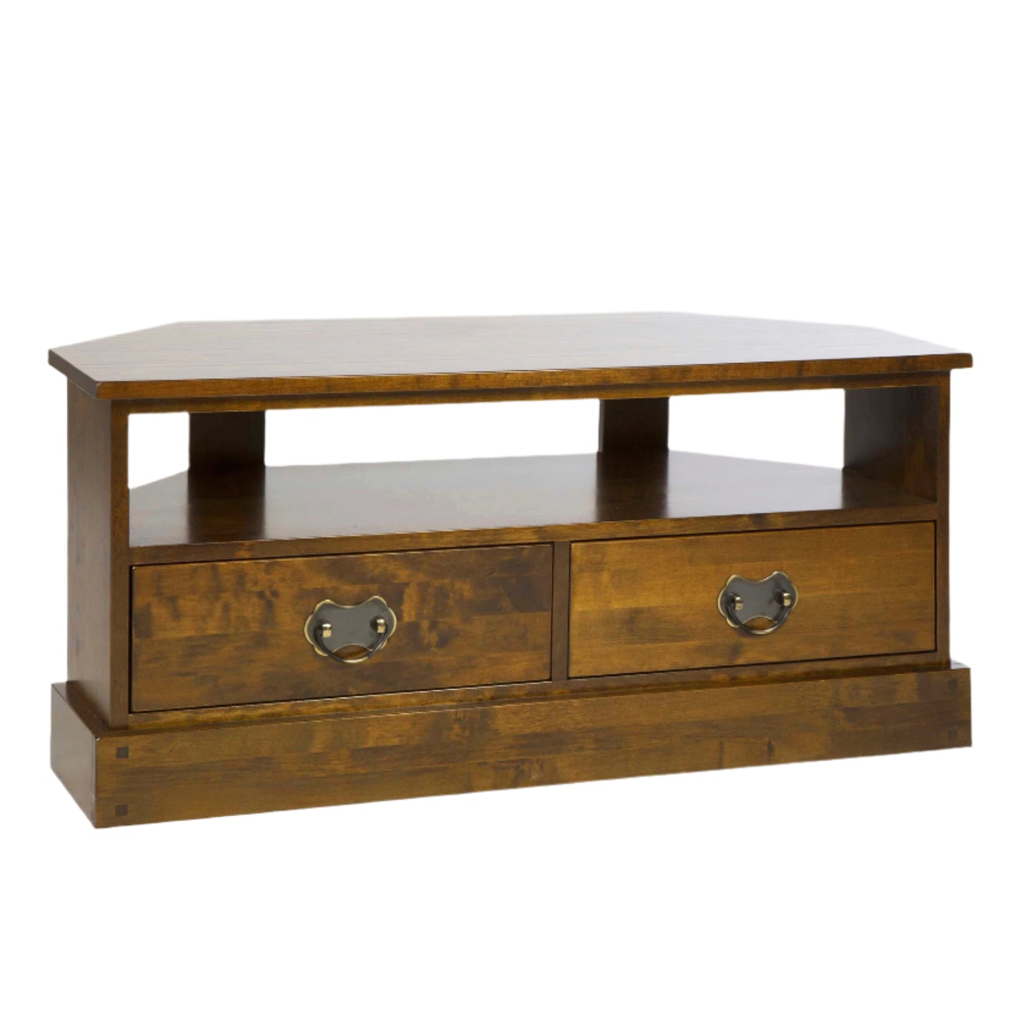 Wooden TV stand with two drawers on a white background