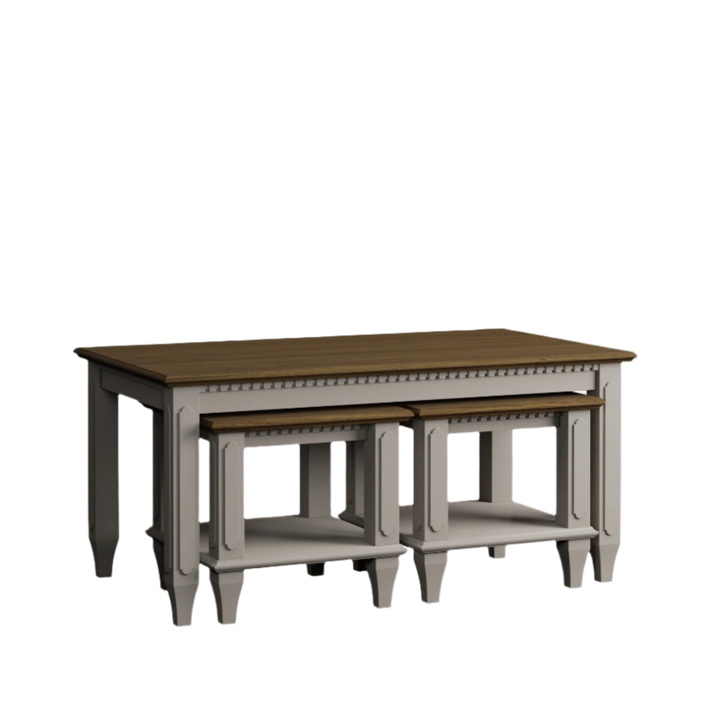 Rectangular coffee table with two nested side tables on a white background