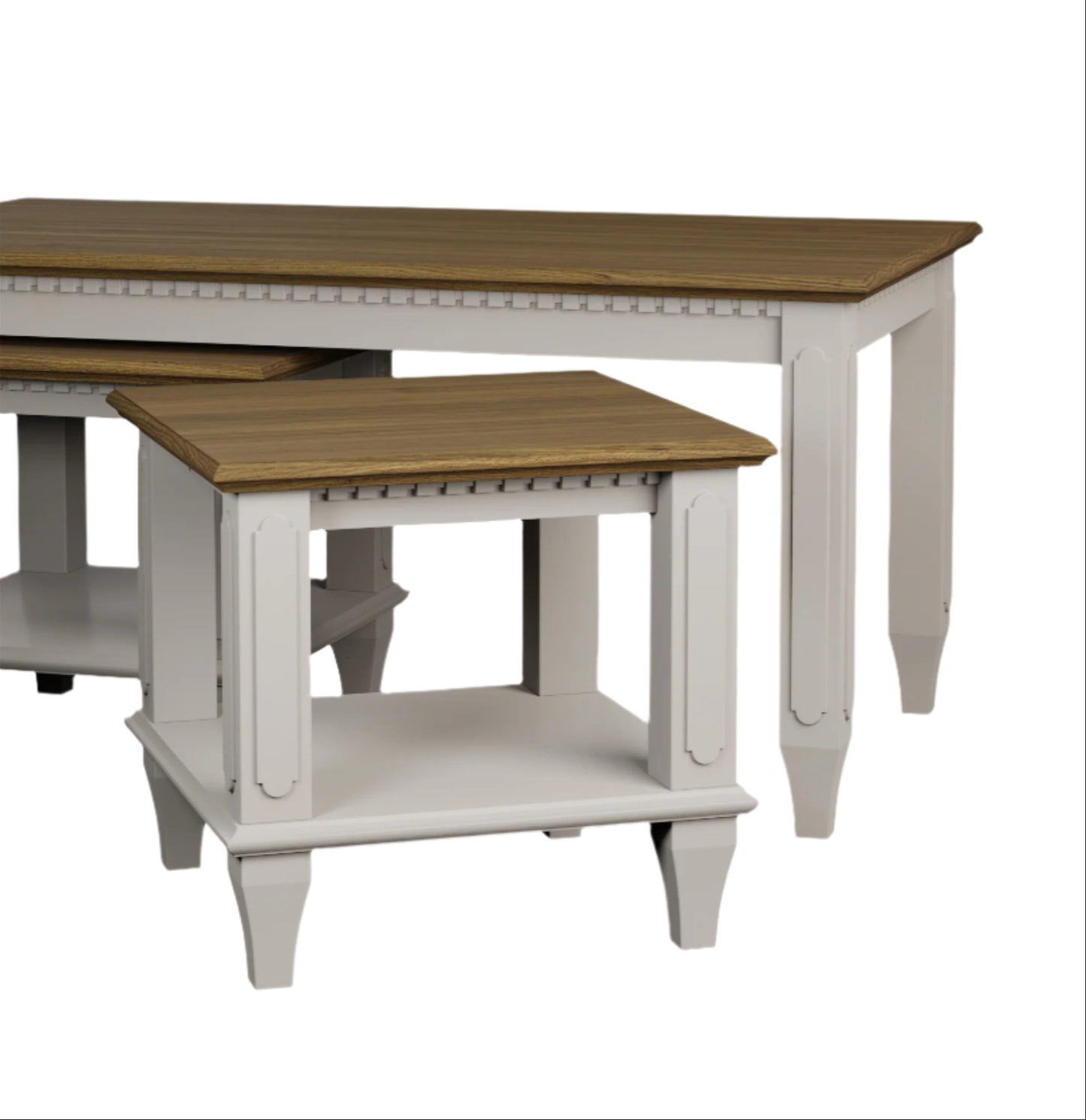Set of three wooden nesting tables with white base on a plain background