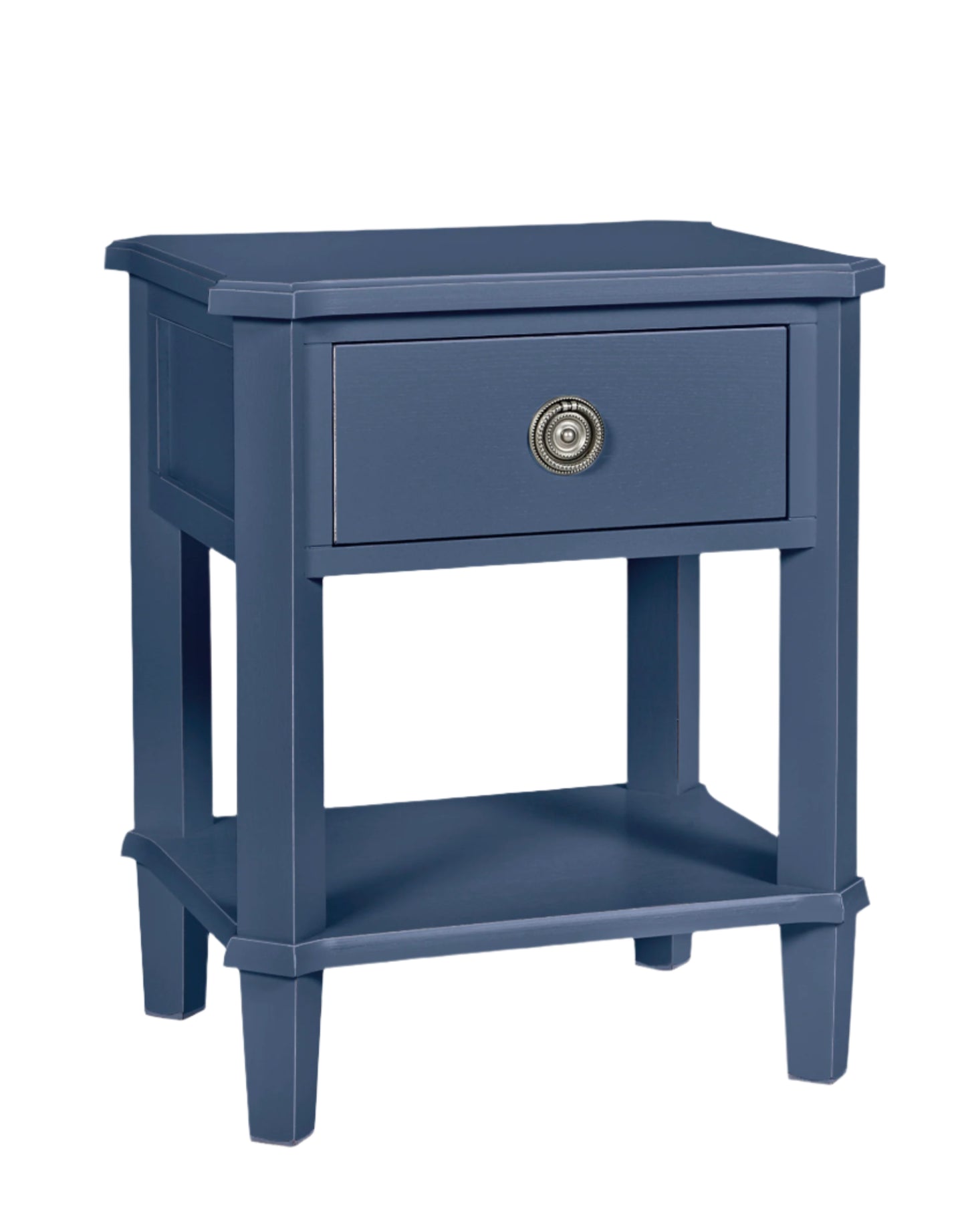 Blue nightstand with a single drawer on a white background