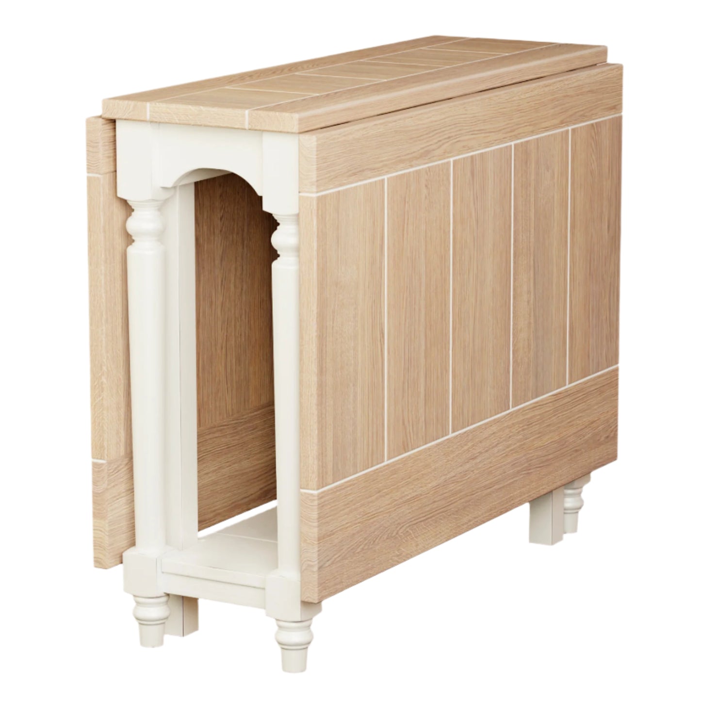 Wooden side table with white arch design on a light pink background