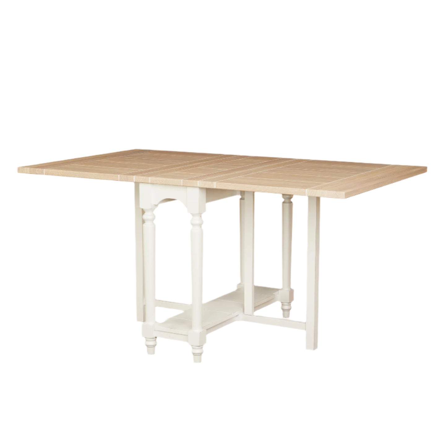 Wooden dropleaf table with white legs on a plain background