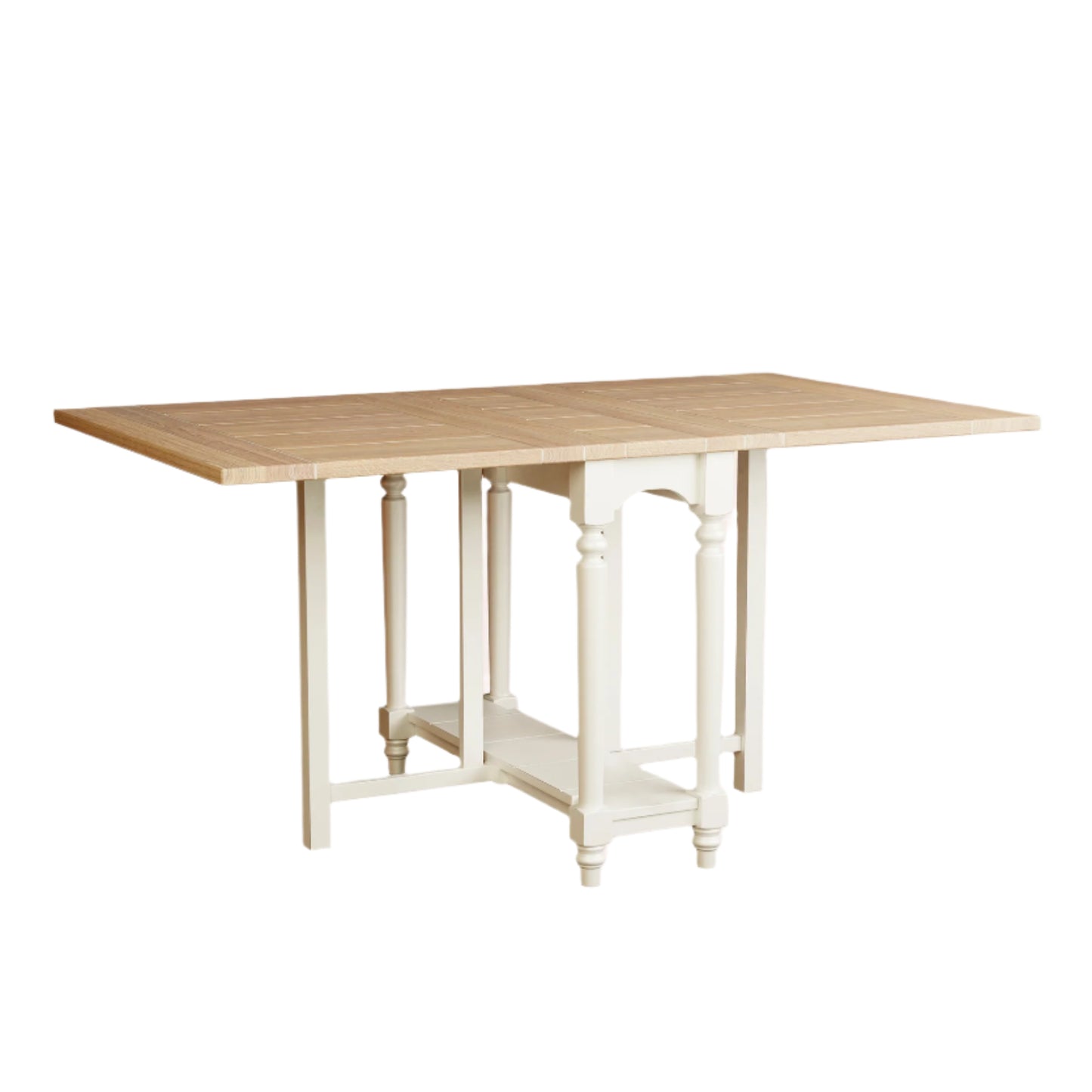 Wooden table with white legs on a plain background
