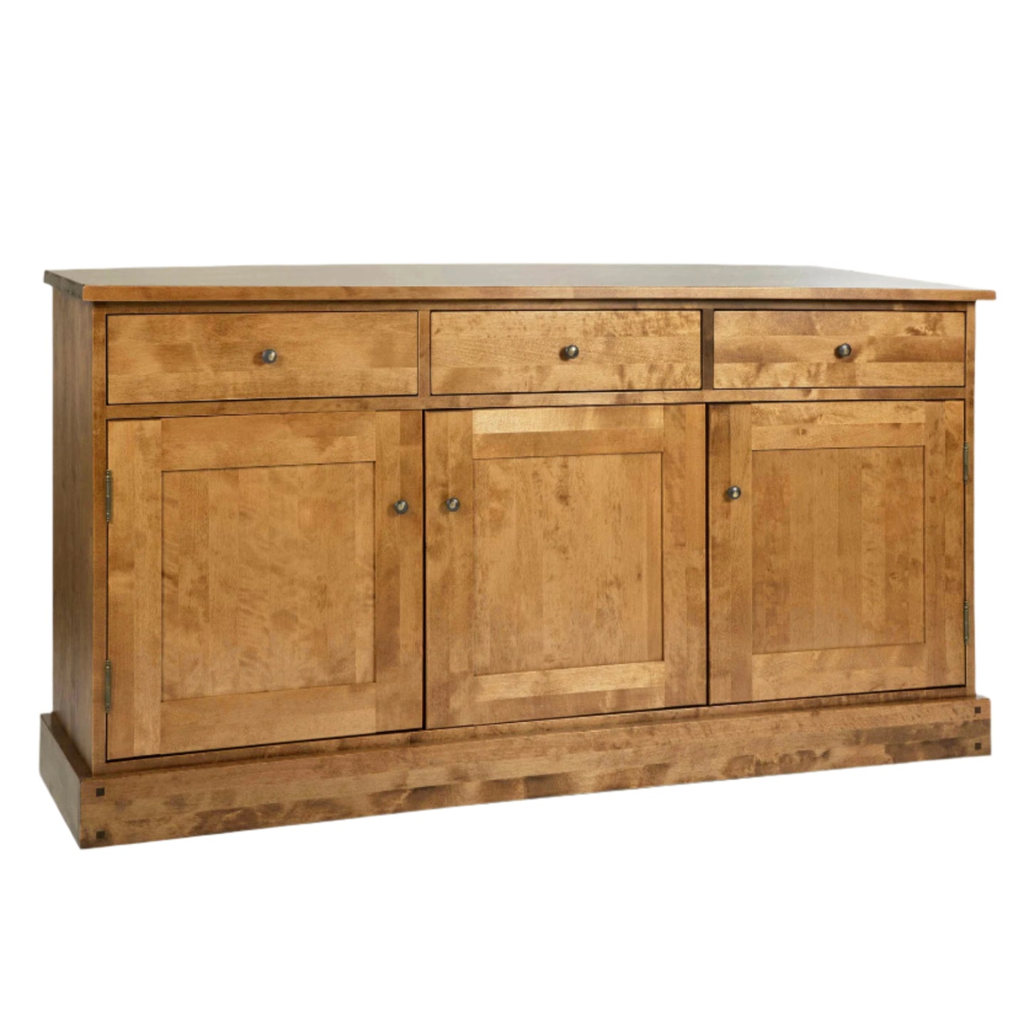 A left-hand corner view of a honey-coloured wooden sideboard with three doors and three drawers.