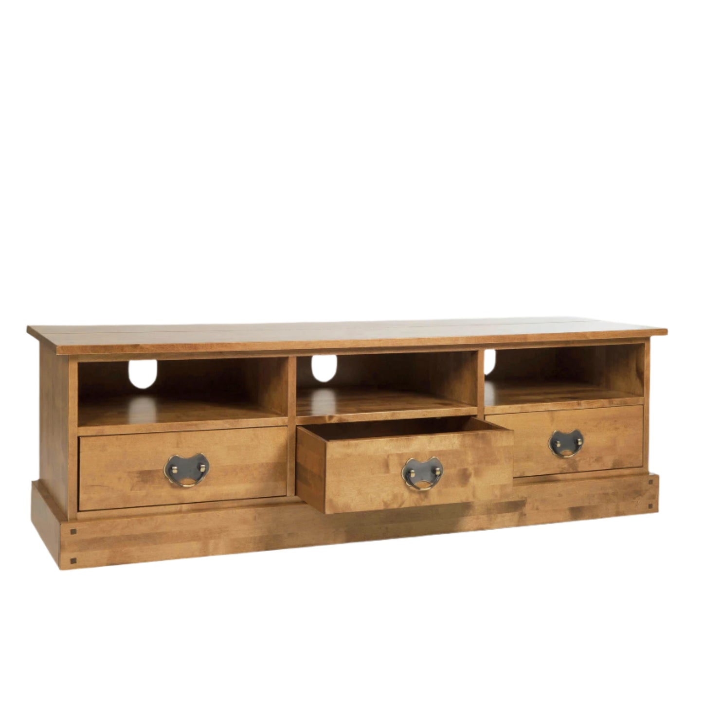 Wide wooden TV stand with 3 drawers on a plain background. The middle drawer is open.