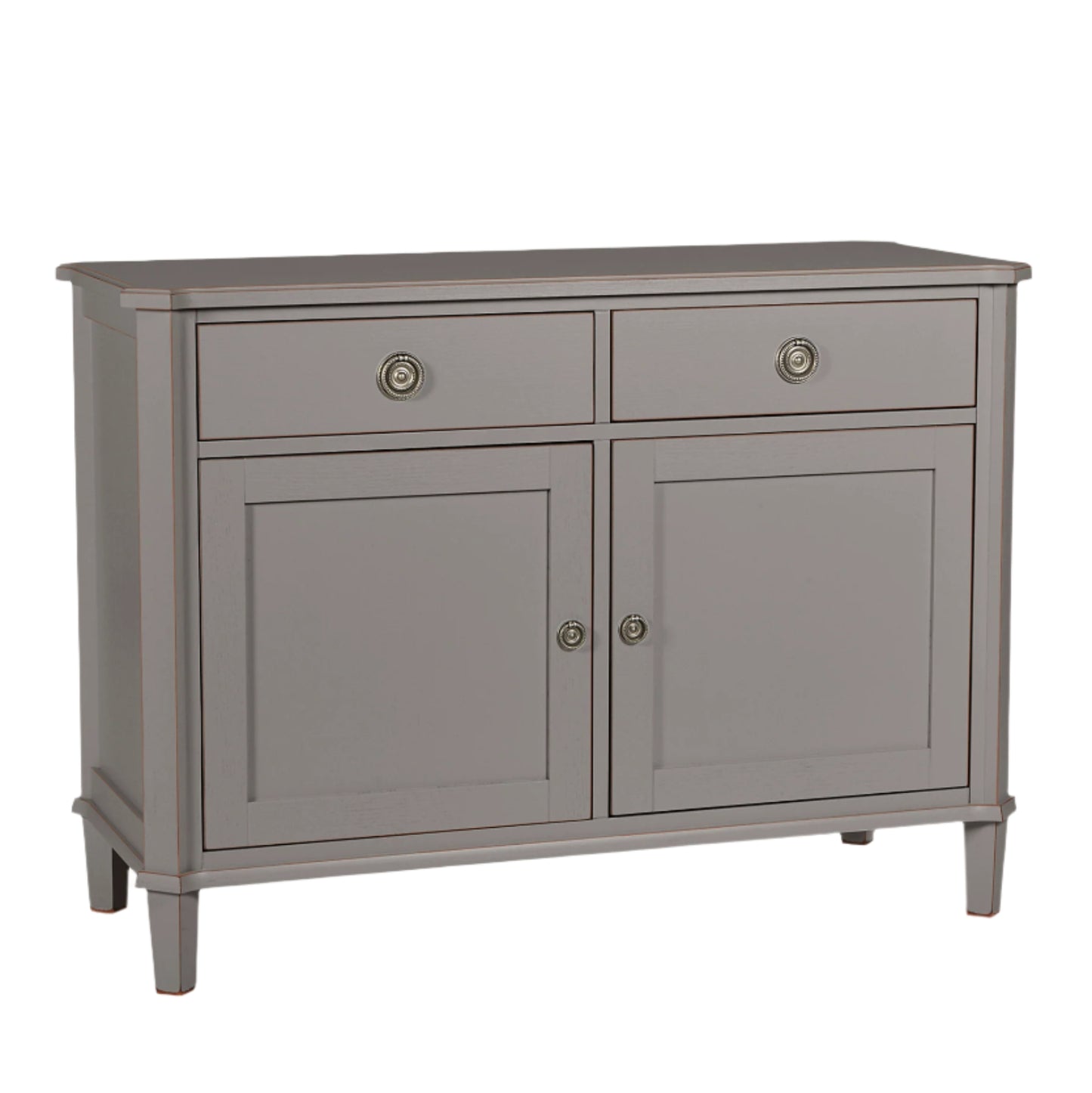 Gray sideboard with two doors and two drawers on a white background