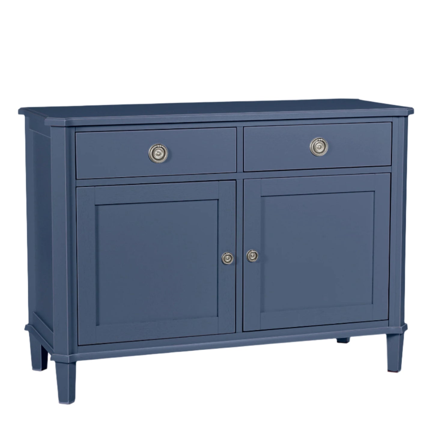 Blue cabinet with two doors and two drawers on a light pink background