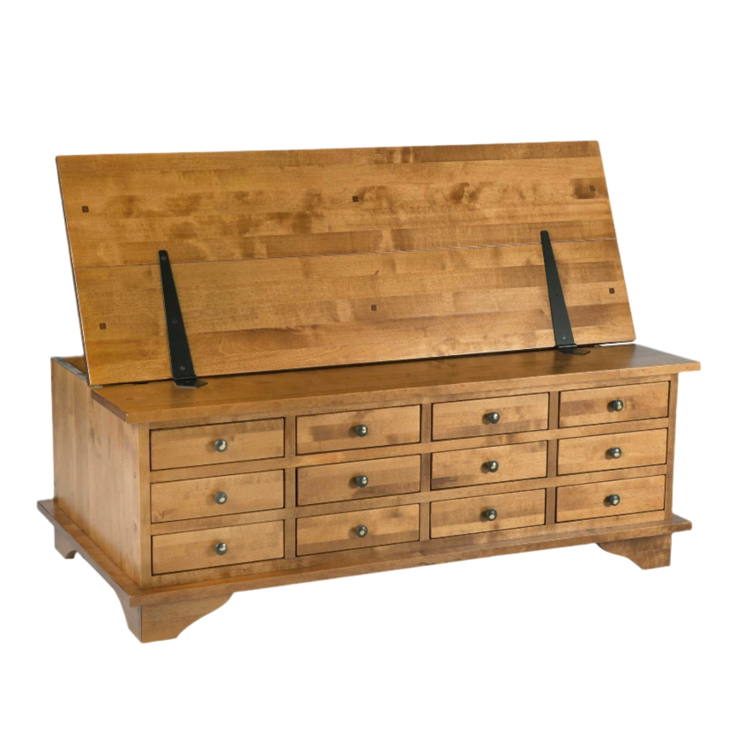 Wooden coffee table with 12 drawers, with an open lid on a plain background