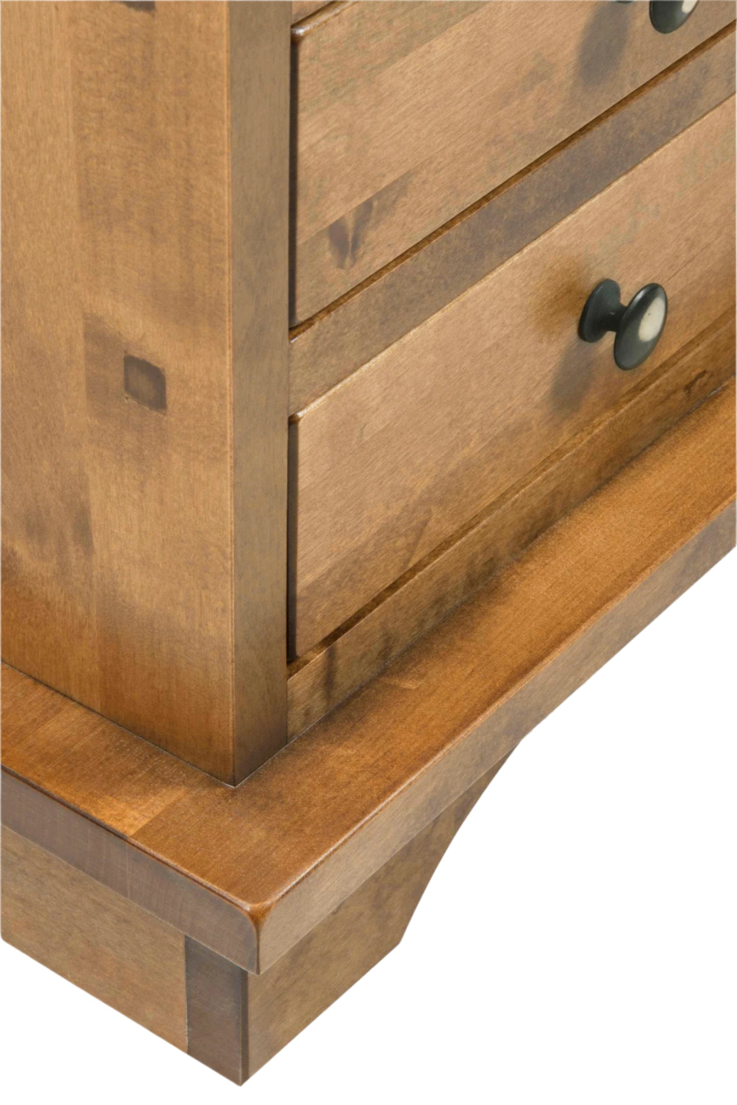 Close-up of a wooden coffee table corner leg stand with a drawer and the drawer's black handle