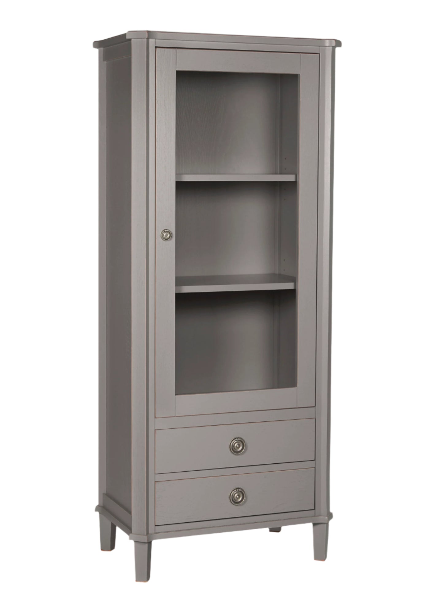 Gray cabinet with a door and two drawers on a white background