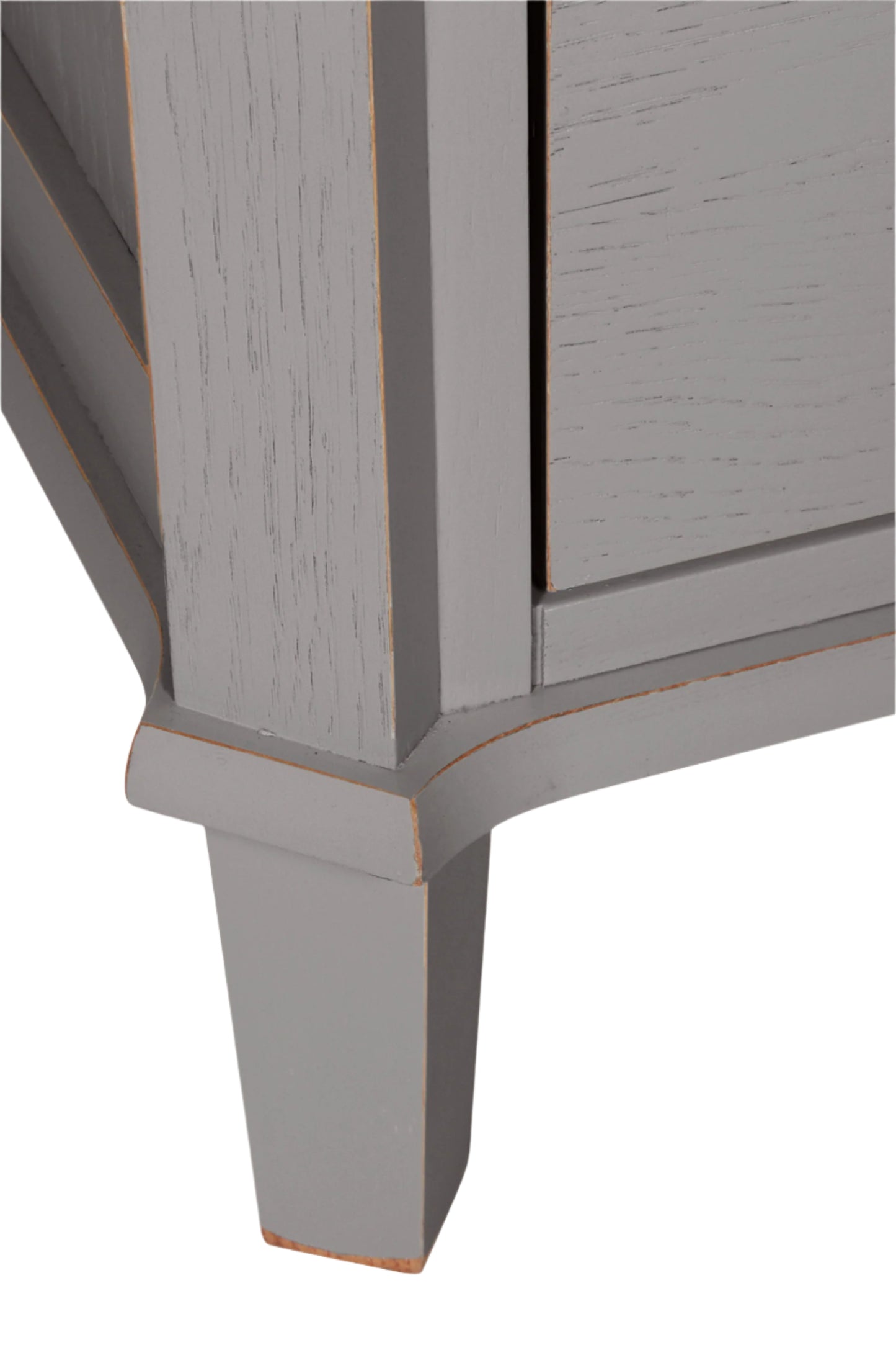 Close-up of a gray wooden cabinet corner on a white background