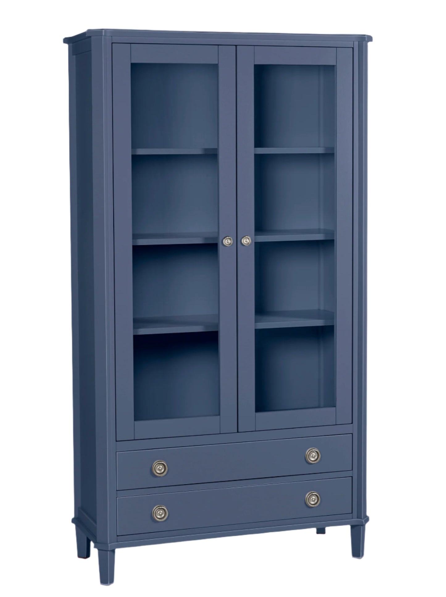 Blue cabinet with glass doors and drawers on a light pink background