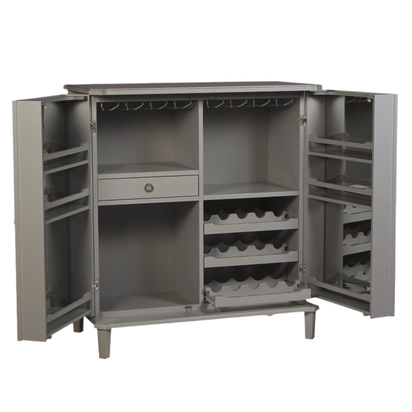 Grey drinks cabinet with open doors on a white background