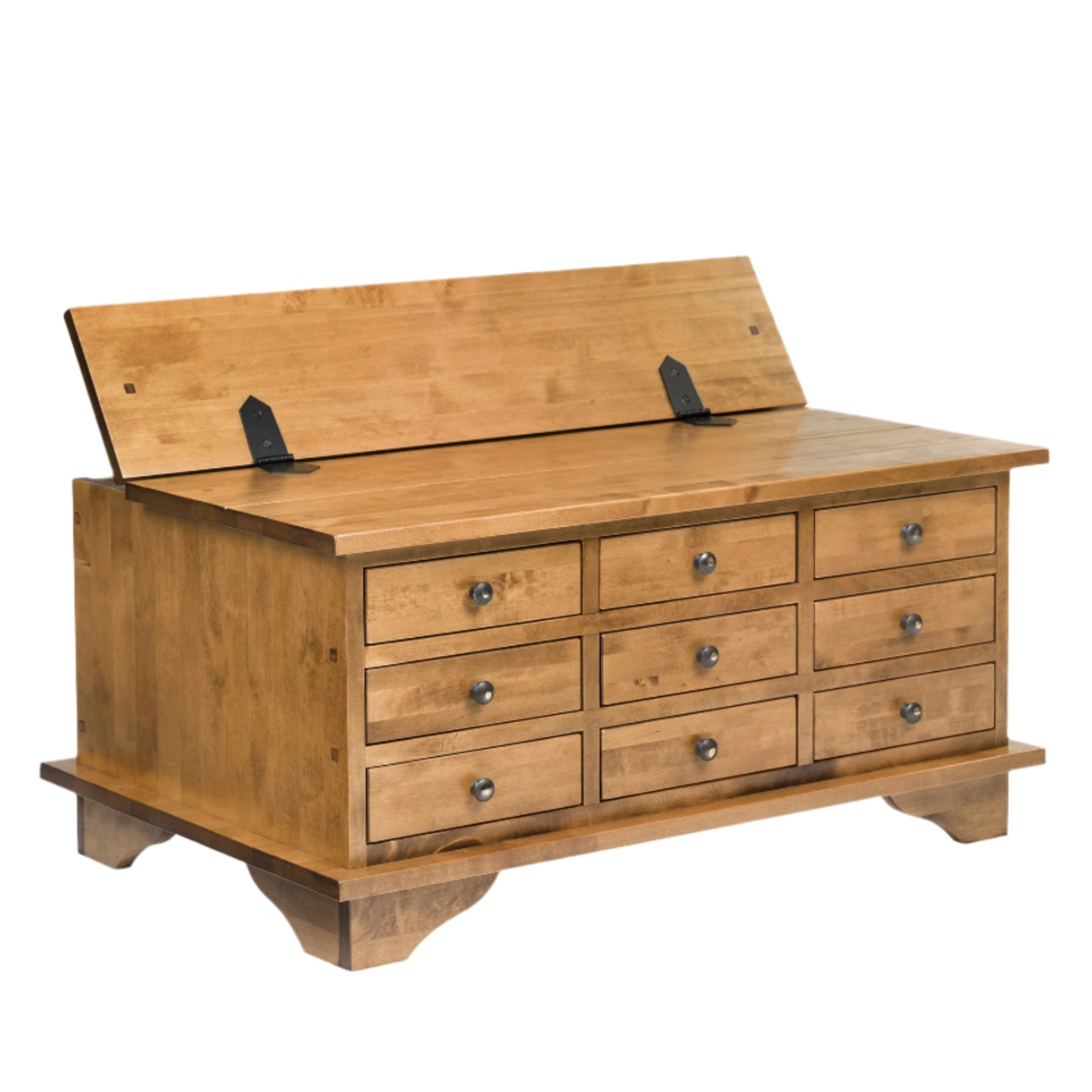 Wooden coffee table chest with multiple drawers on a white background