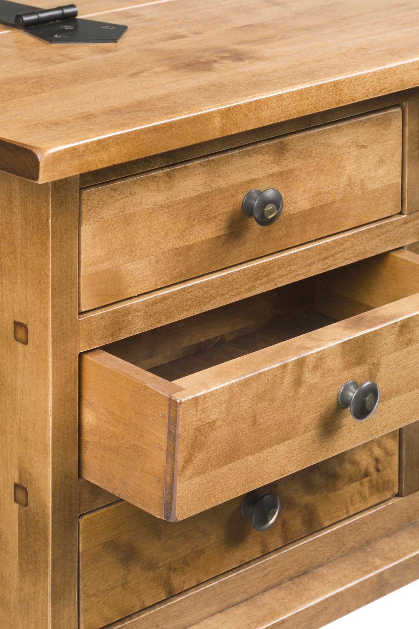 Wooden coffee table showing two drawers up close and metal knobs on a white background
