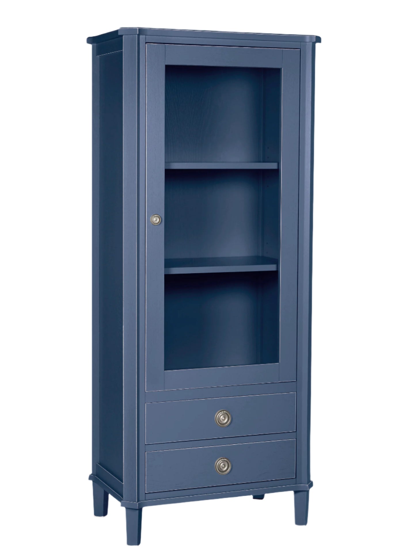 Blue cabinet with a single drawer on a white background