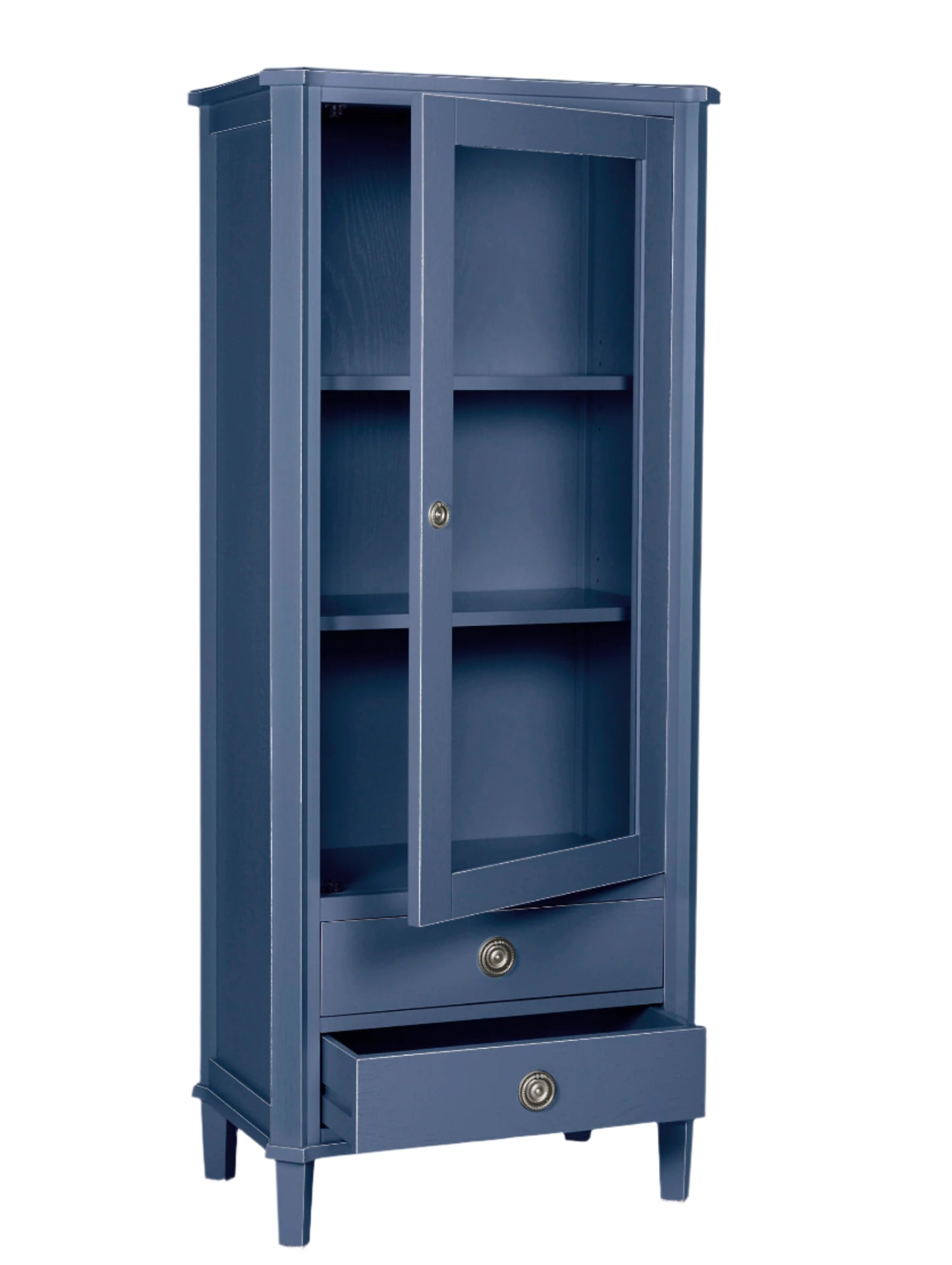 Blue cabinet with a single drawer and glass door on a light pink background