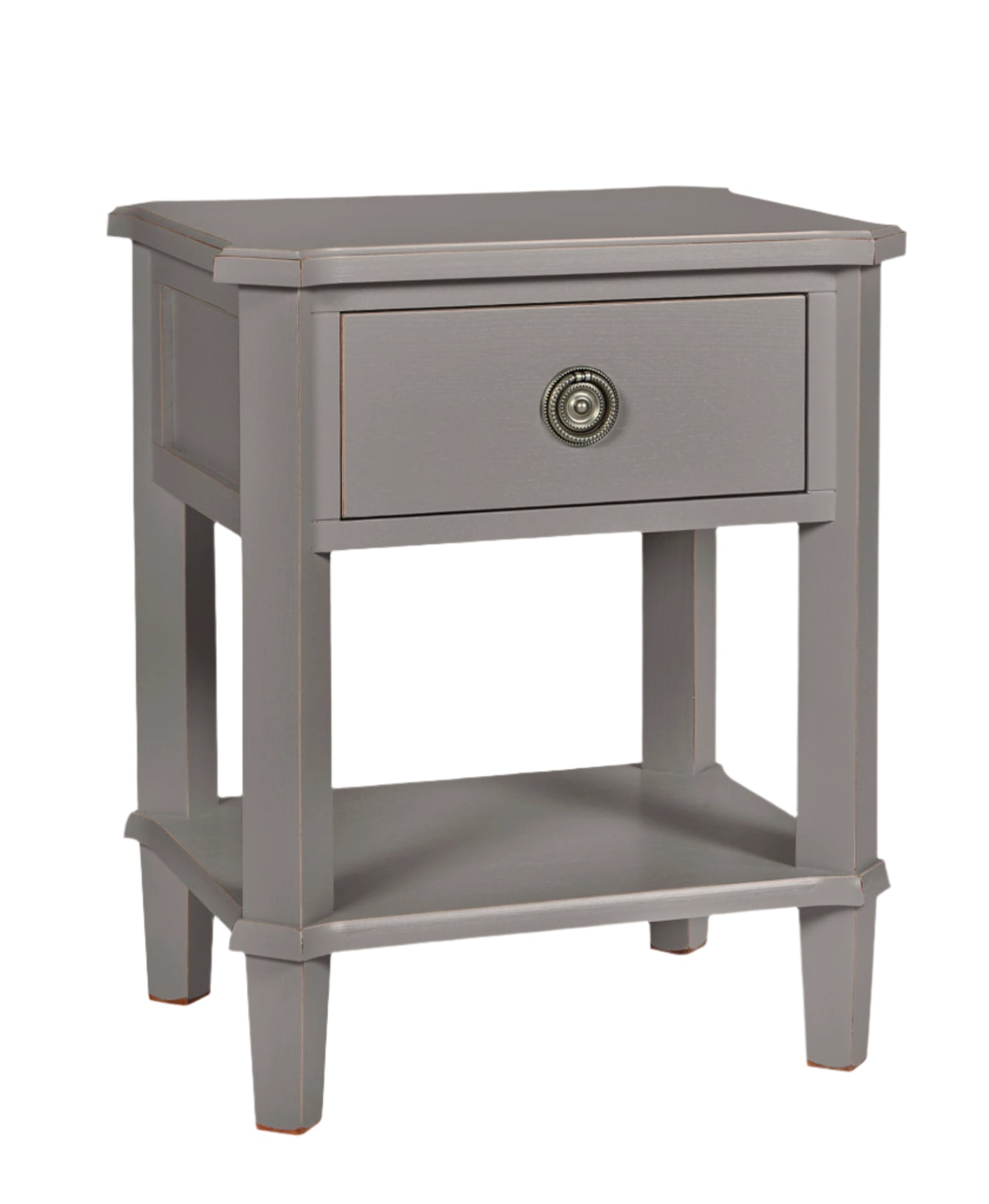 Gray end table with a single drawer on a white background