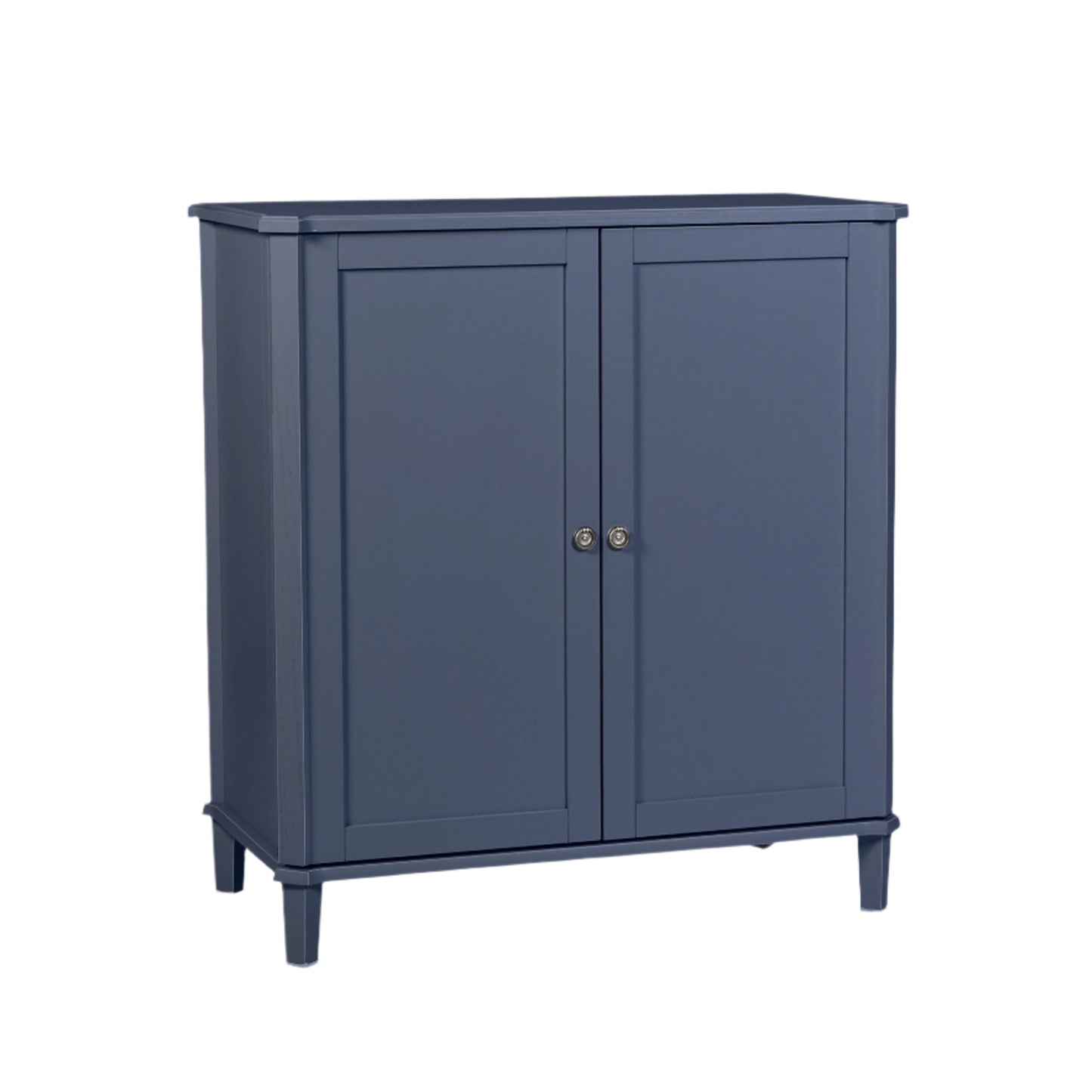 Blue drinks cabinet with two doors on a light beige background