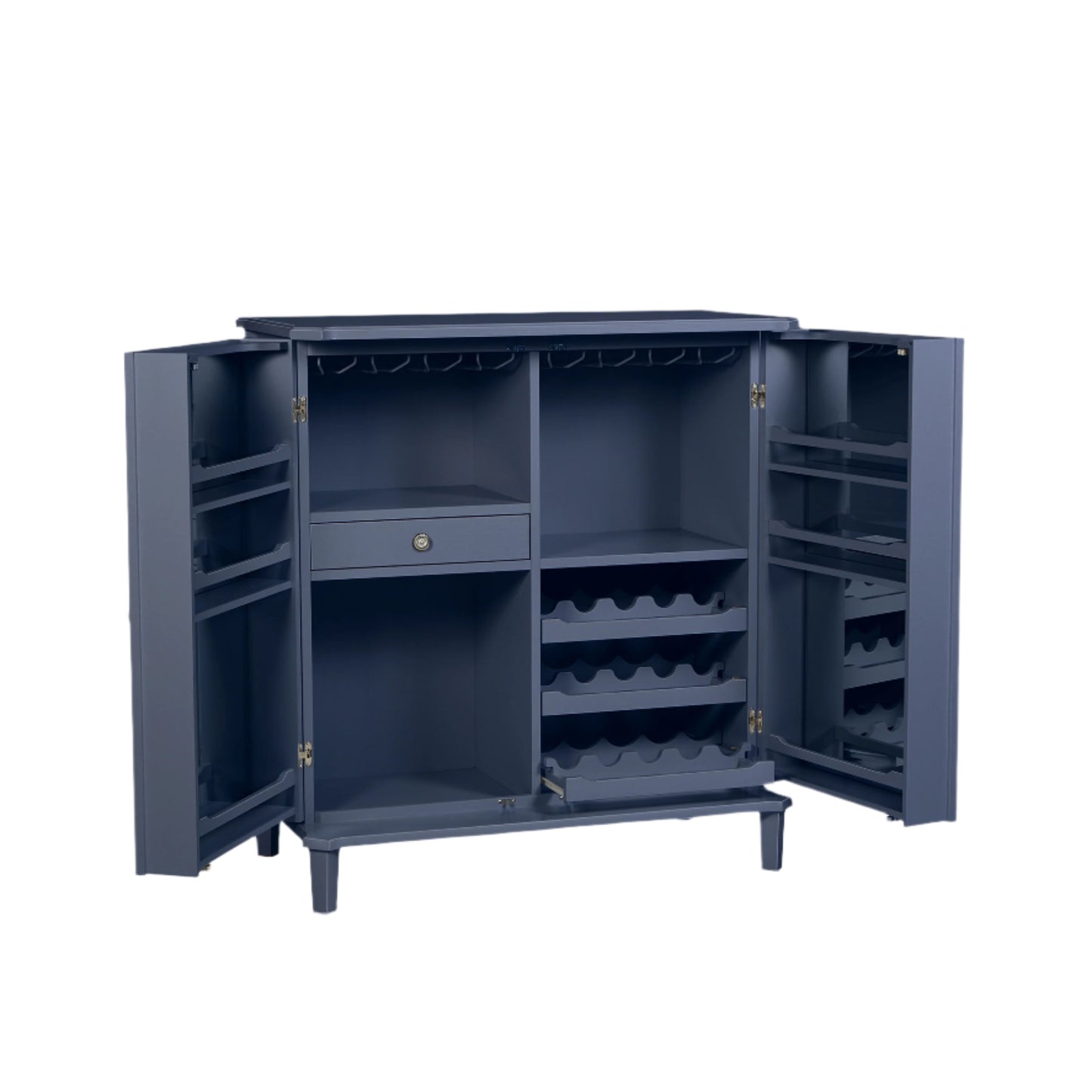 Blue drinks cabinet with open doors on a white background