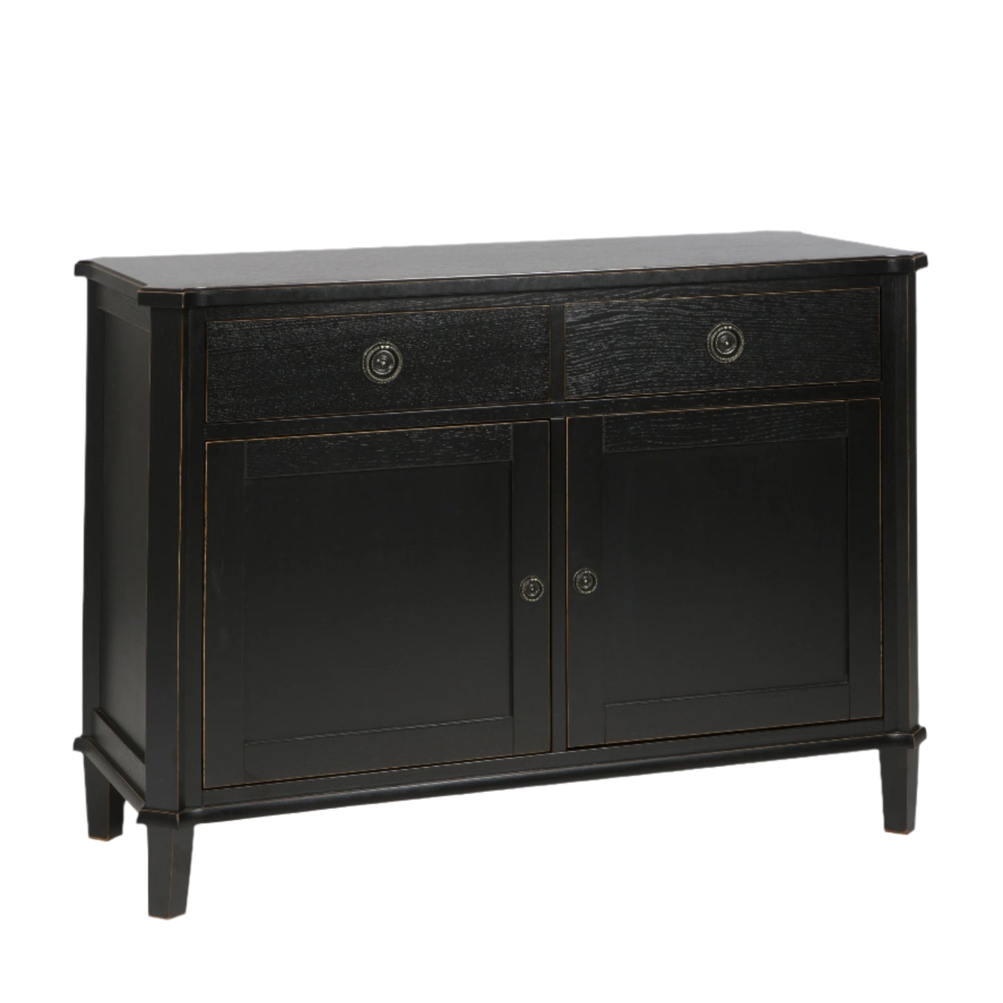 Black sideboard with two doors and two drawers on a beige background