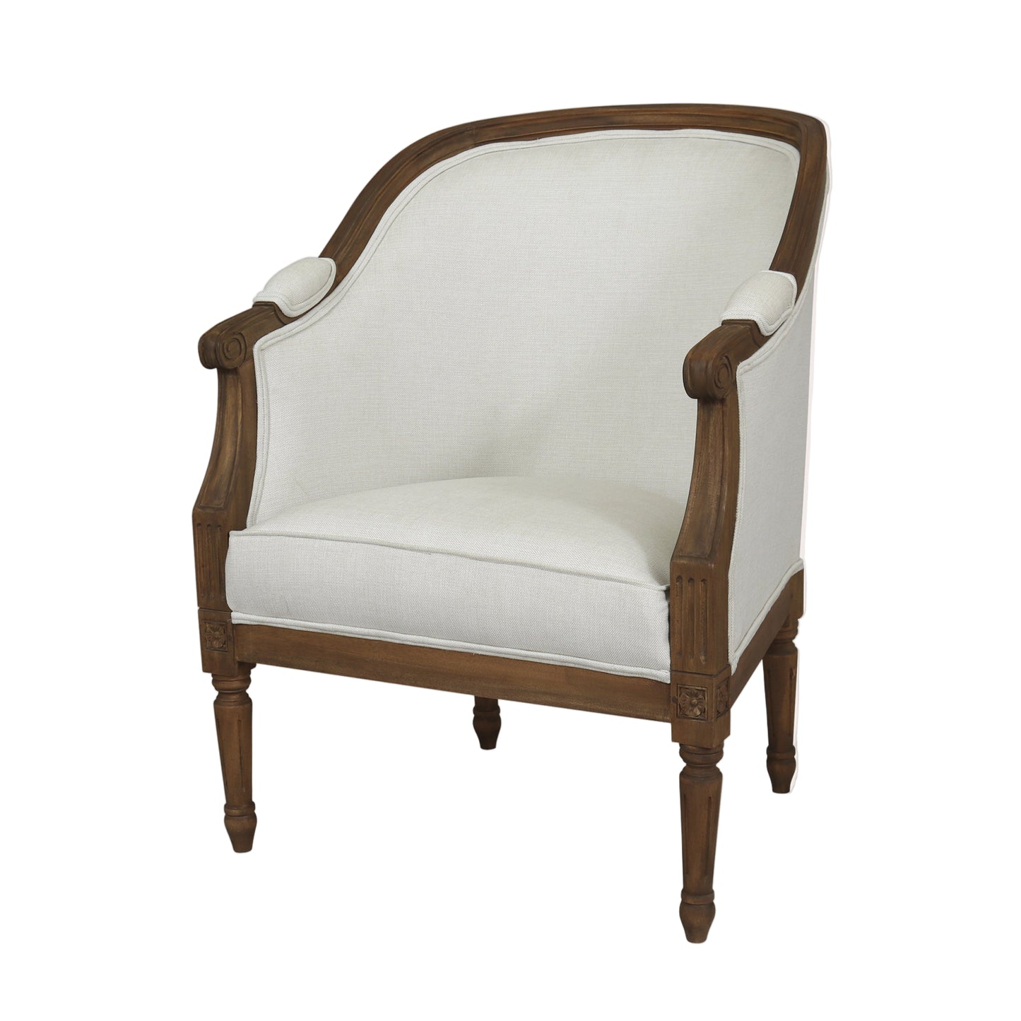 White armchair with wooden frame on a white background