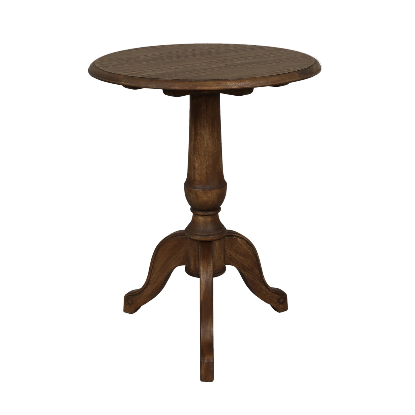 Wooden round table with a pedestal base on a white background